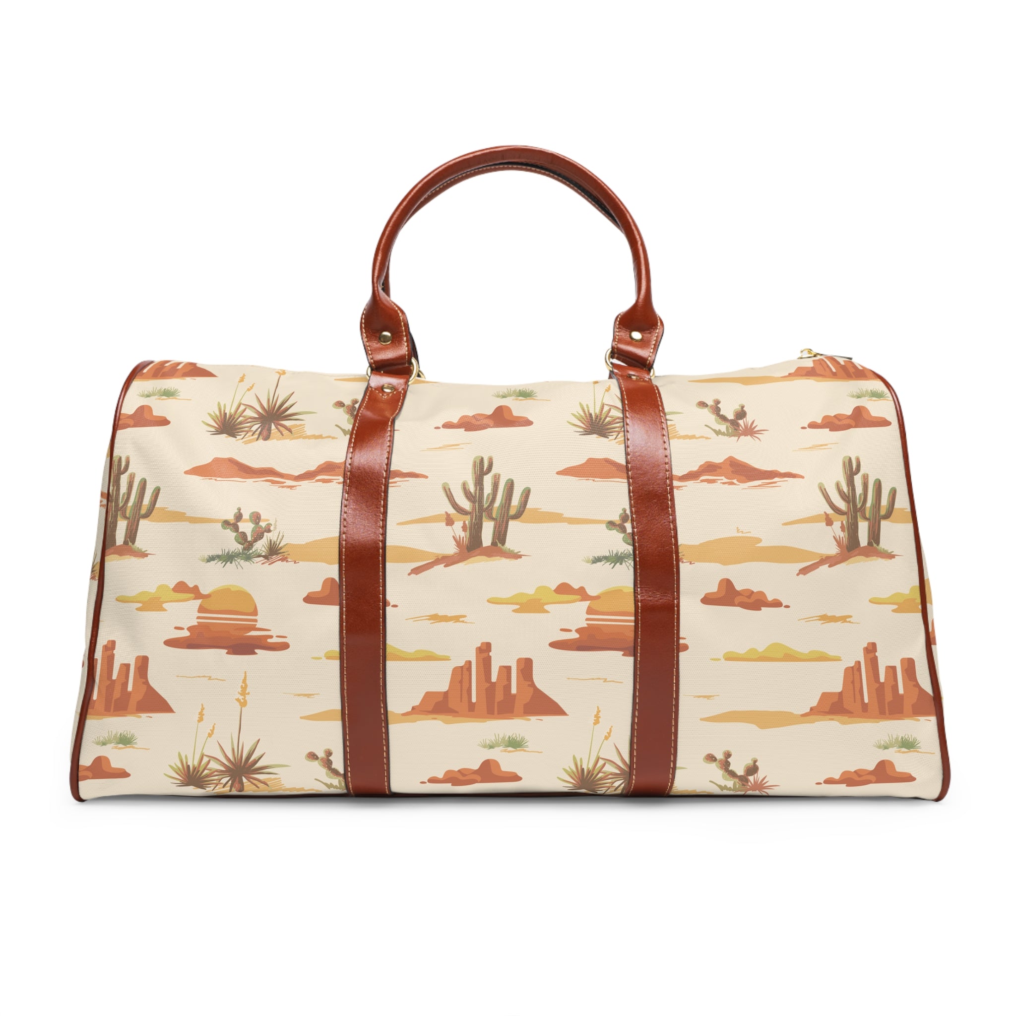 Southwestern Desert Cacti Waterproof Duffle Bag - Travel Tote & Vegan Leather Weekender Overnight Bag with Desert Print | Perfect for Gym, Camping, Beach Trips & Weekend Getaways