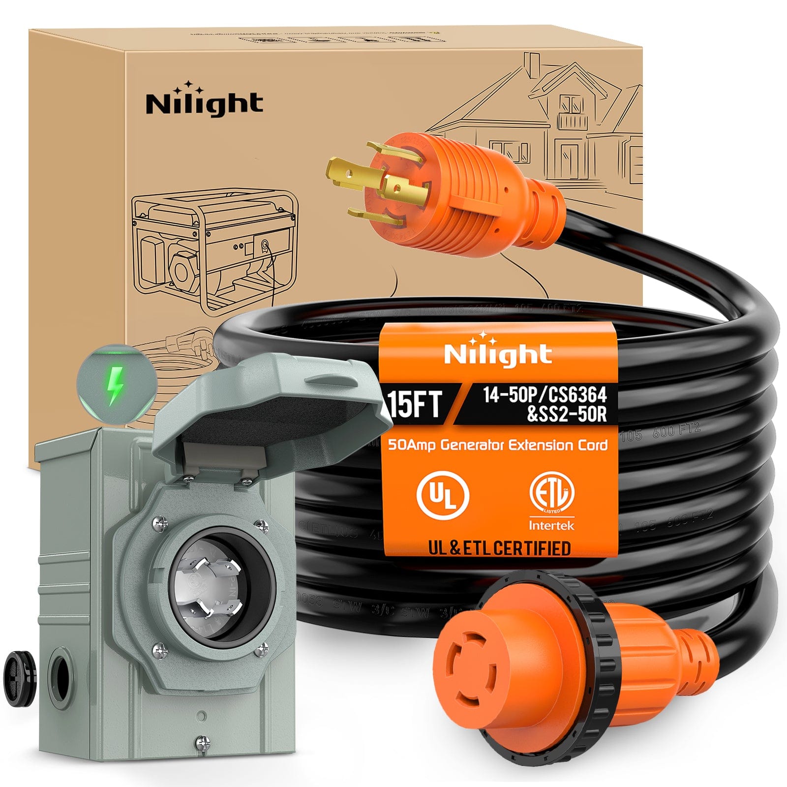 30A 15FT Heavy Duty Generator Extension Cord with Locking Connector - Weatherproof Power Inlet Box for RV, Home Backup & Outdoor Use