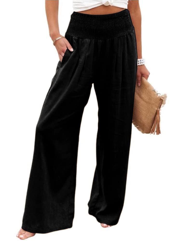 UTCoco Women's Wide Leg Linen Palazzo Pants - Casual Elastic Waist Loose Fit Trousers | Summer Beach Vacation, Yoga, Lounge & Office Wear