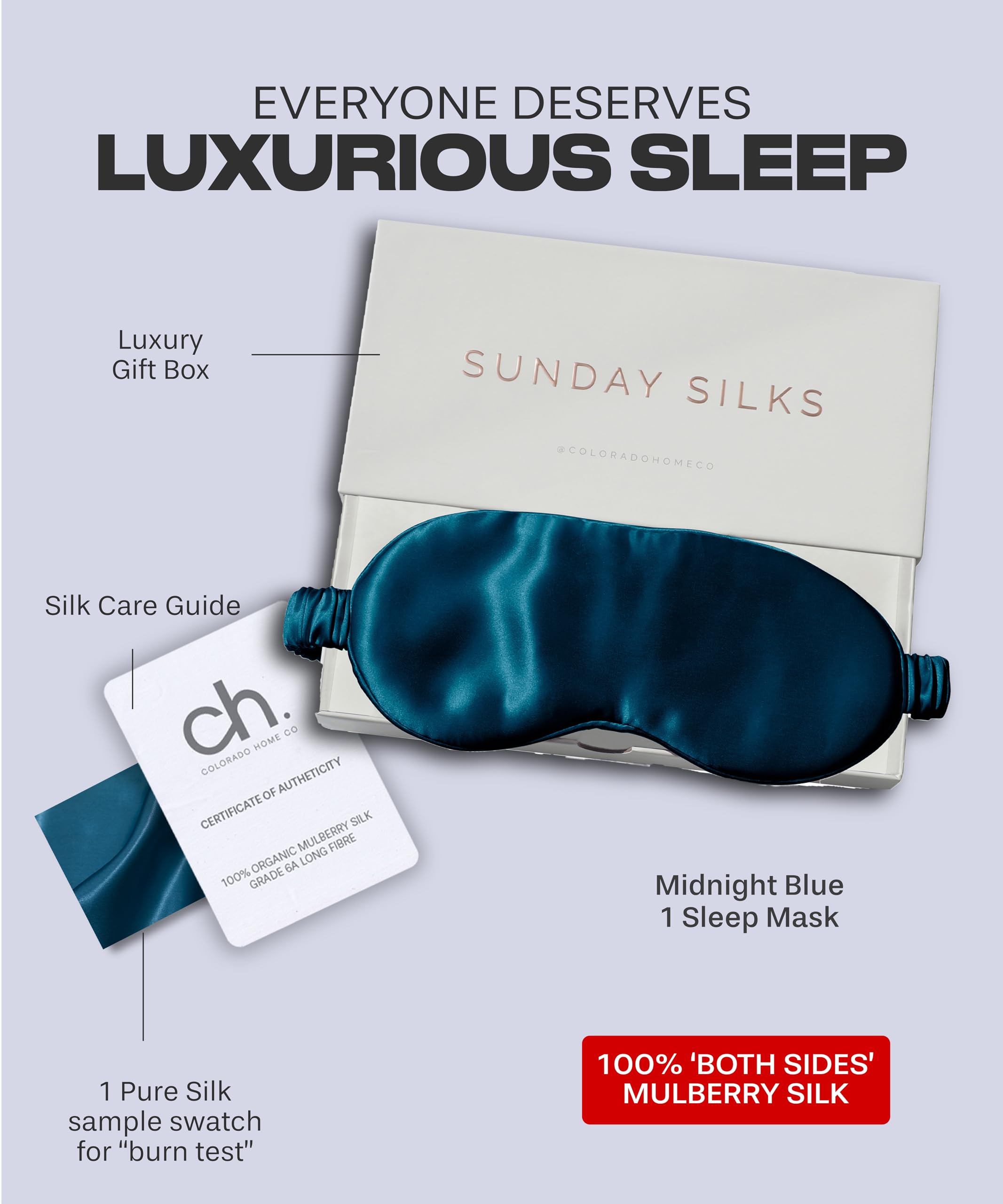 SUNDAYSILKS™ Premium 100% Mulberry Silk Sleep Mask - Blackout Eye Cover for Women & Men - Soft & Breathable for Sleeping, Travel, Yoga & Relaxation - Midnight Blue Luxury Sleep Accessory
