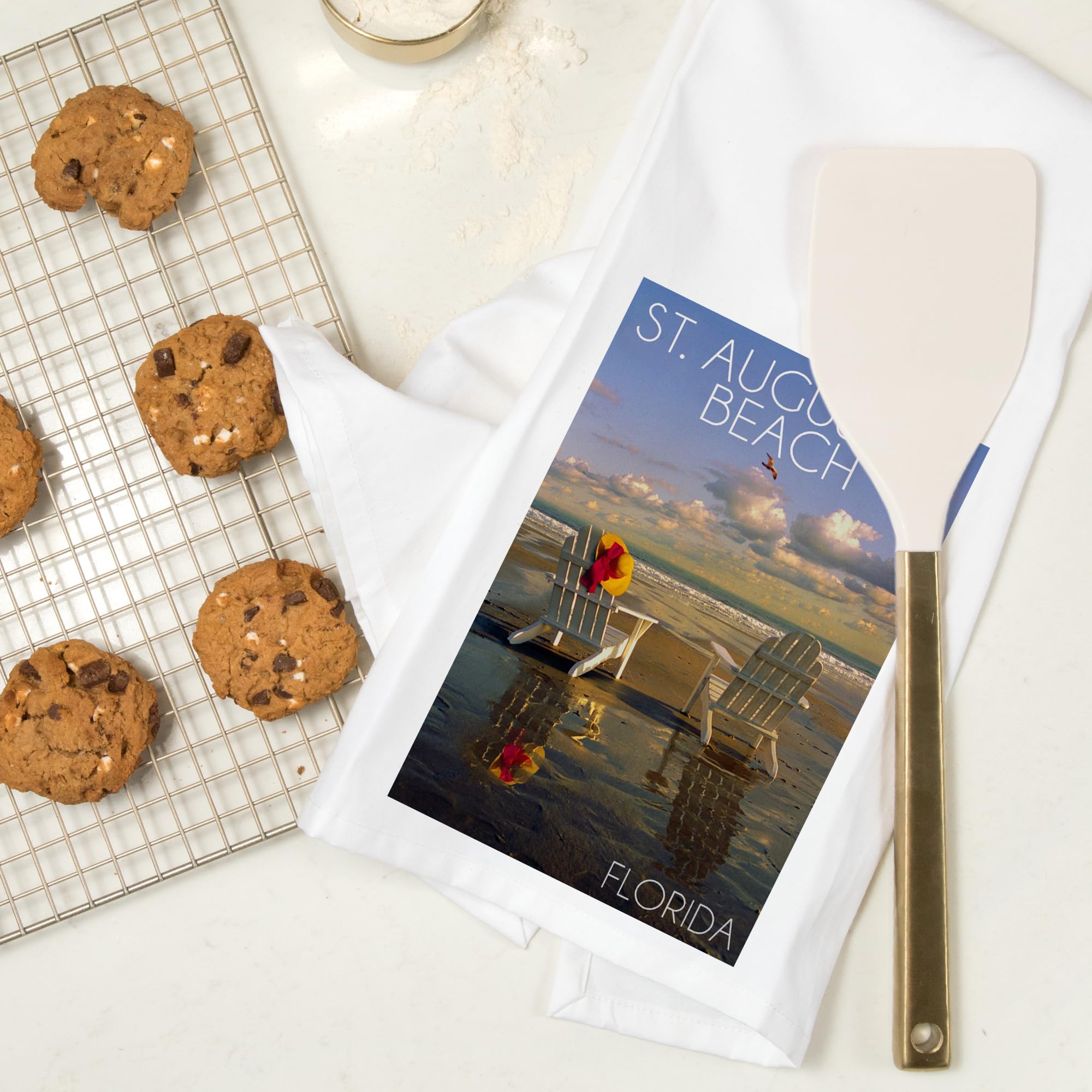Lantern Press St. Augustine Florida Beach Adirondack Chairs 100% Cotton Tea Towel - Decorative Kitchen Hand Towel for Home Decor, Dish Drying & Coastal Themed Gifts