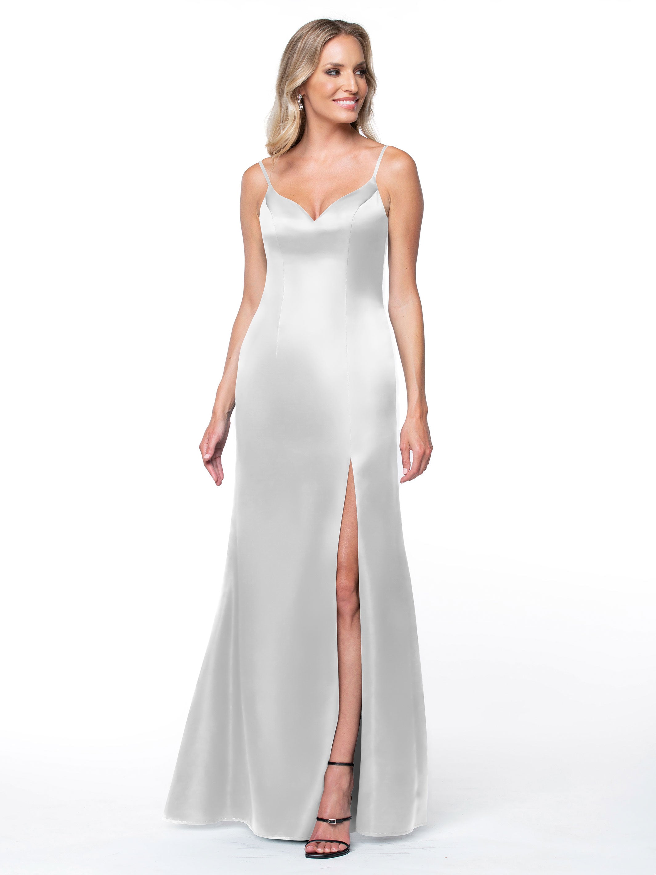Elegant 80132 Fit and Flare Satin Bridesmaid Dress with High Slit - Perfect for Weddings, Prom, and Formal Events