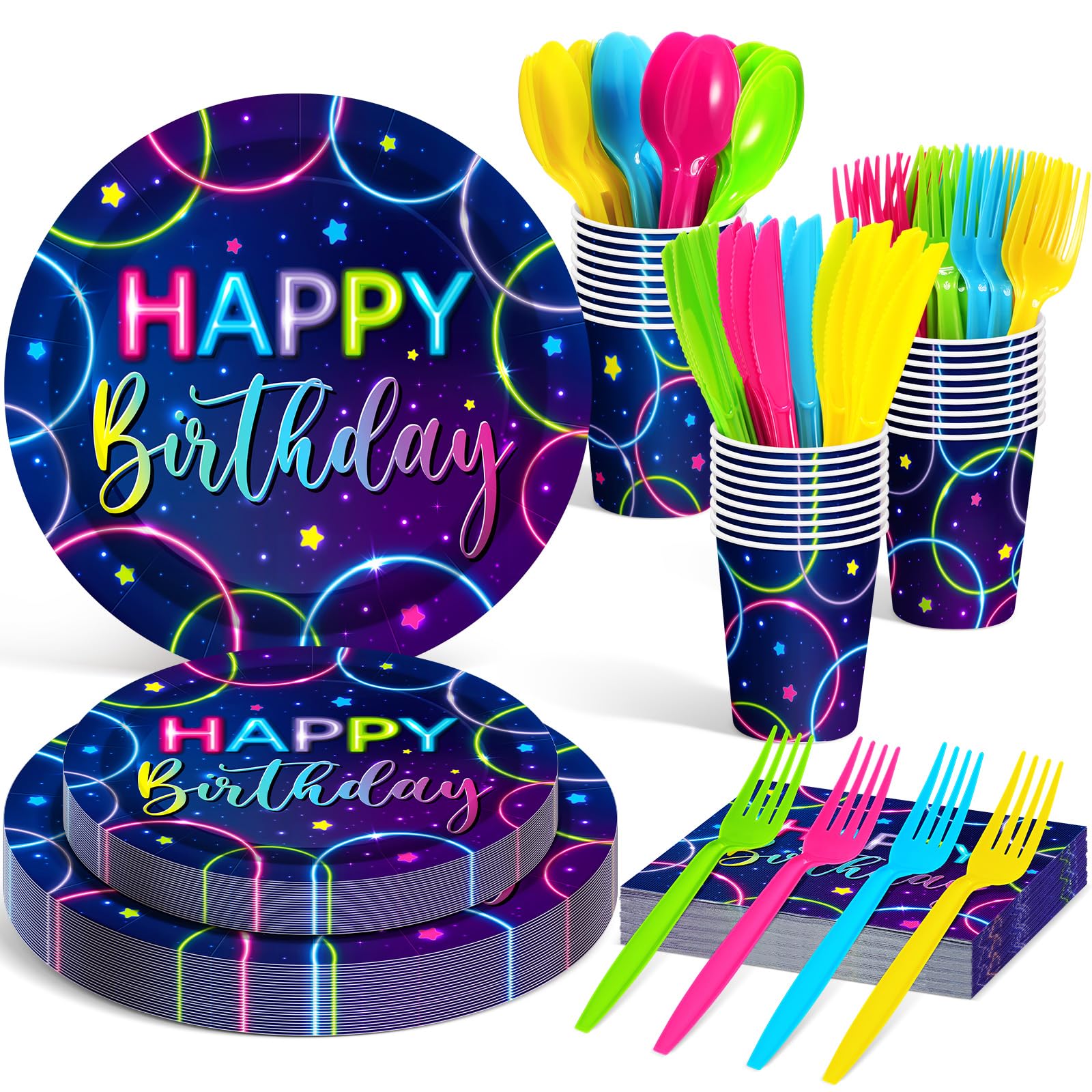 Meanplan Neon Happy Birthday Party Plates & Napkins Set - 168 Pcs Glow in the Dark Tableware for Kids (24 Guests) with Cups, Utensils & Decorations - Perfect for Glow Themed Birthday Parties & Nighttime Celebrations