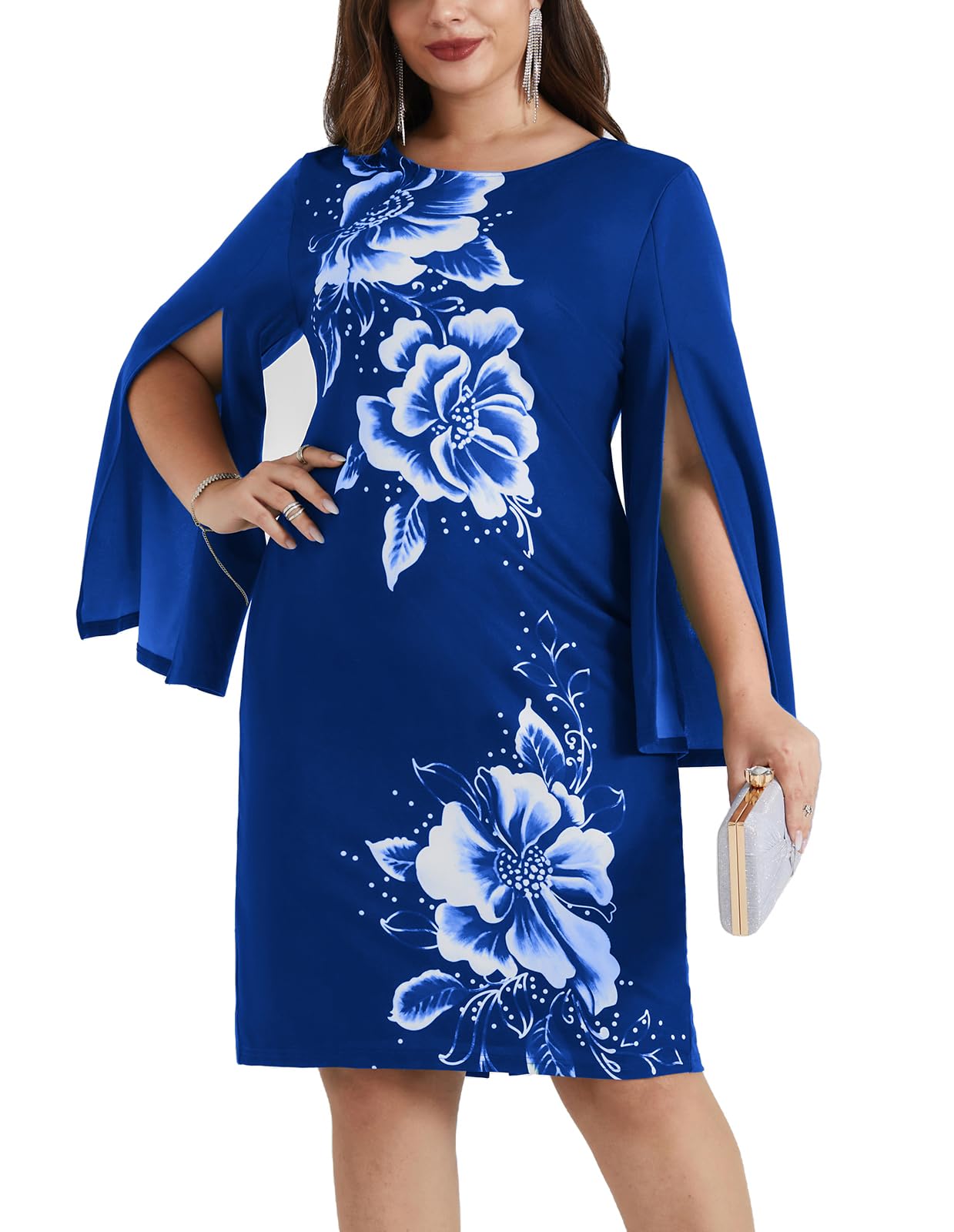 Hanna Nikole Women's Plus Size Vintage Floral Print Cocktail Dress with Long Bell Sleeves & Side Slit - Elegant Party Wear for Weddings, Evening Events & Special Occasions