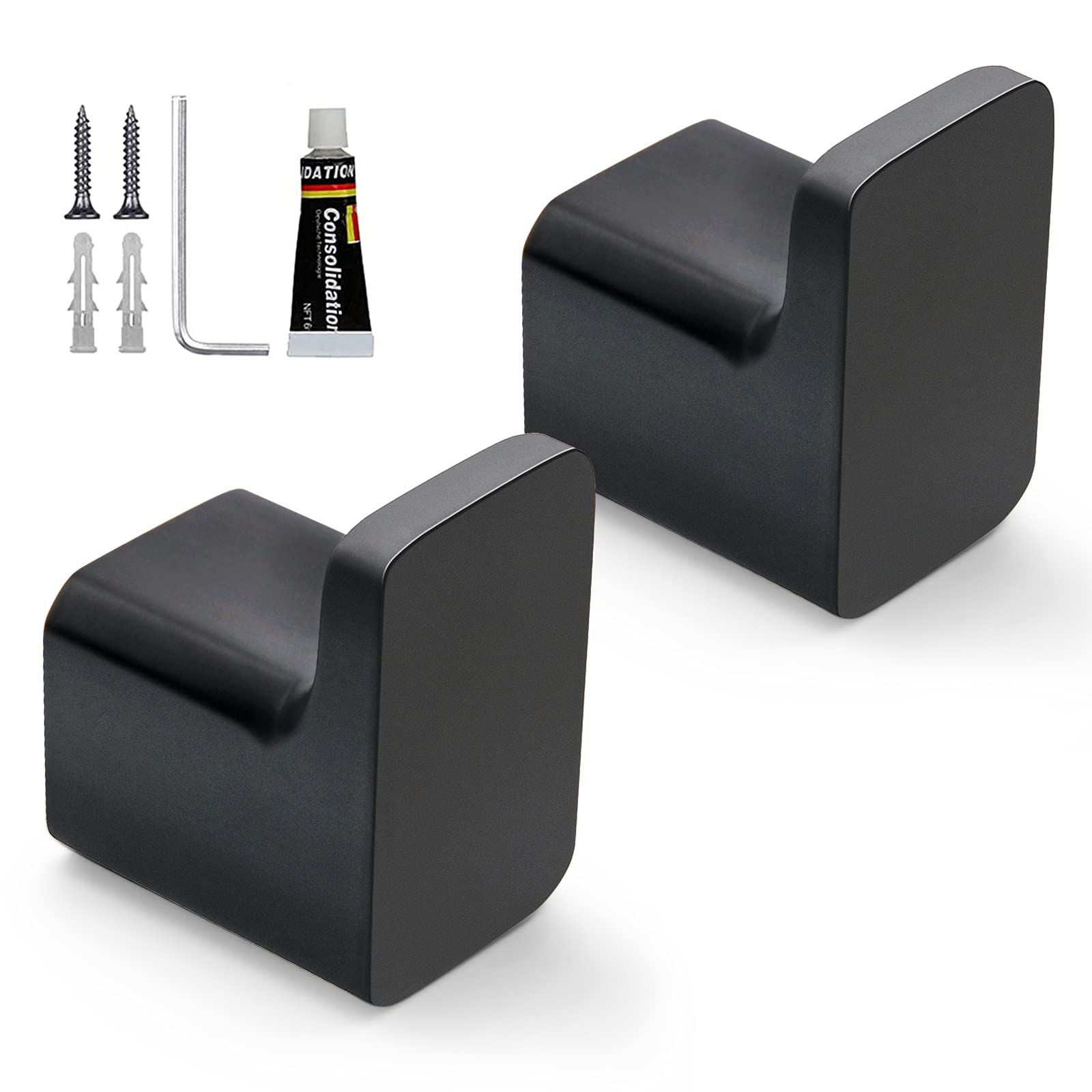 Modern Adhesive Towel Hooks - Heavy Duty Wall Mounted Metal Hangers for Bathroom, Kitchen, Bedroom & Shower - 2 Pack Black (TH-7) - Perfect for Organizing Towels, Robes & Coats in Small Spaces