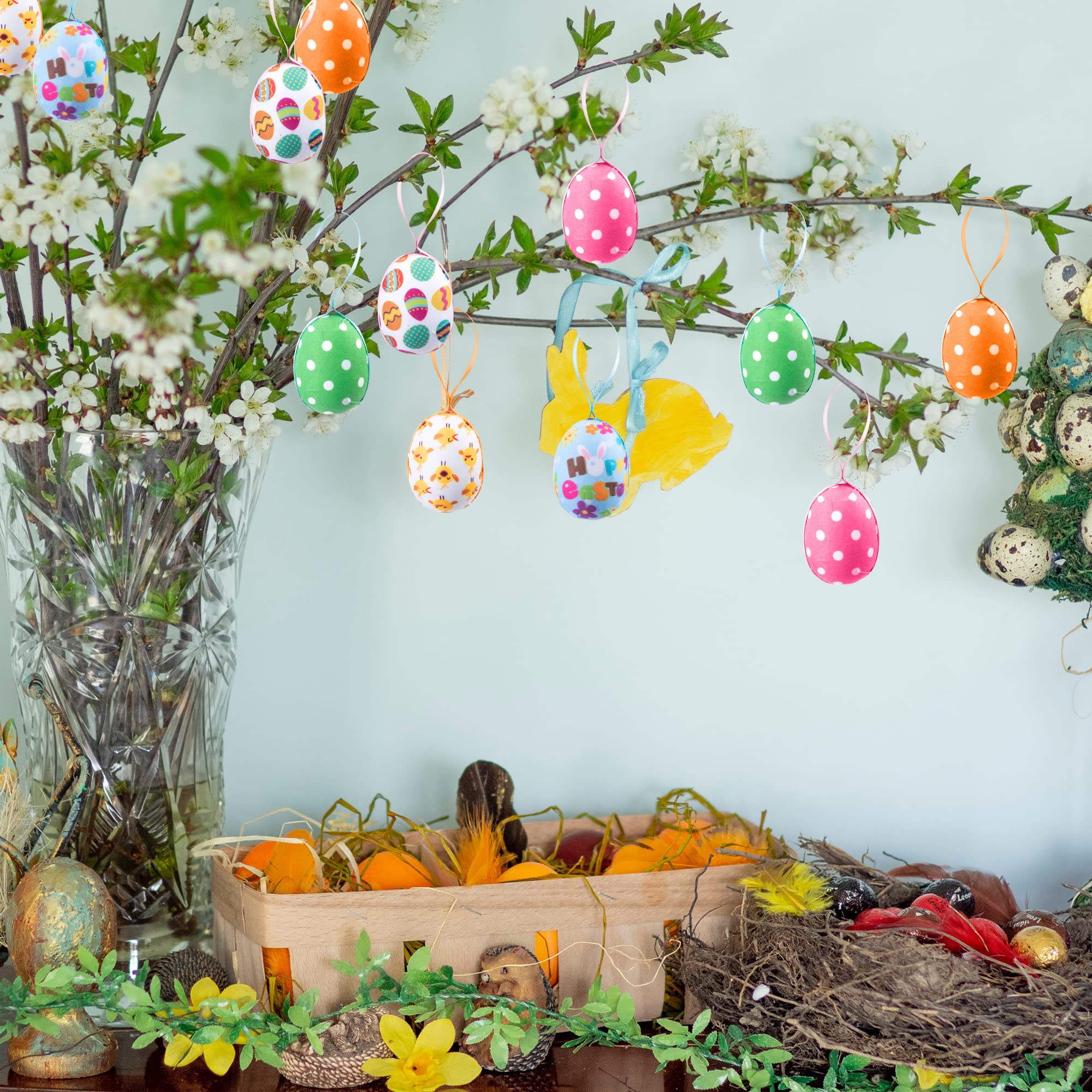 30PCS Fabric Wrapped Easter Eggs with Polka Dots - Small Easter Tree Hanging Decorations for Spring Party, Home & Garden Decor - Perfect for Easter Celebrations, DIY Crafts and Seasonal Table Centerpieces