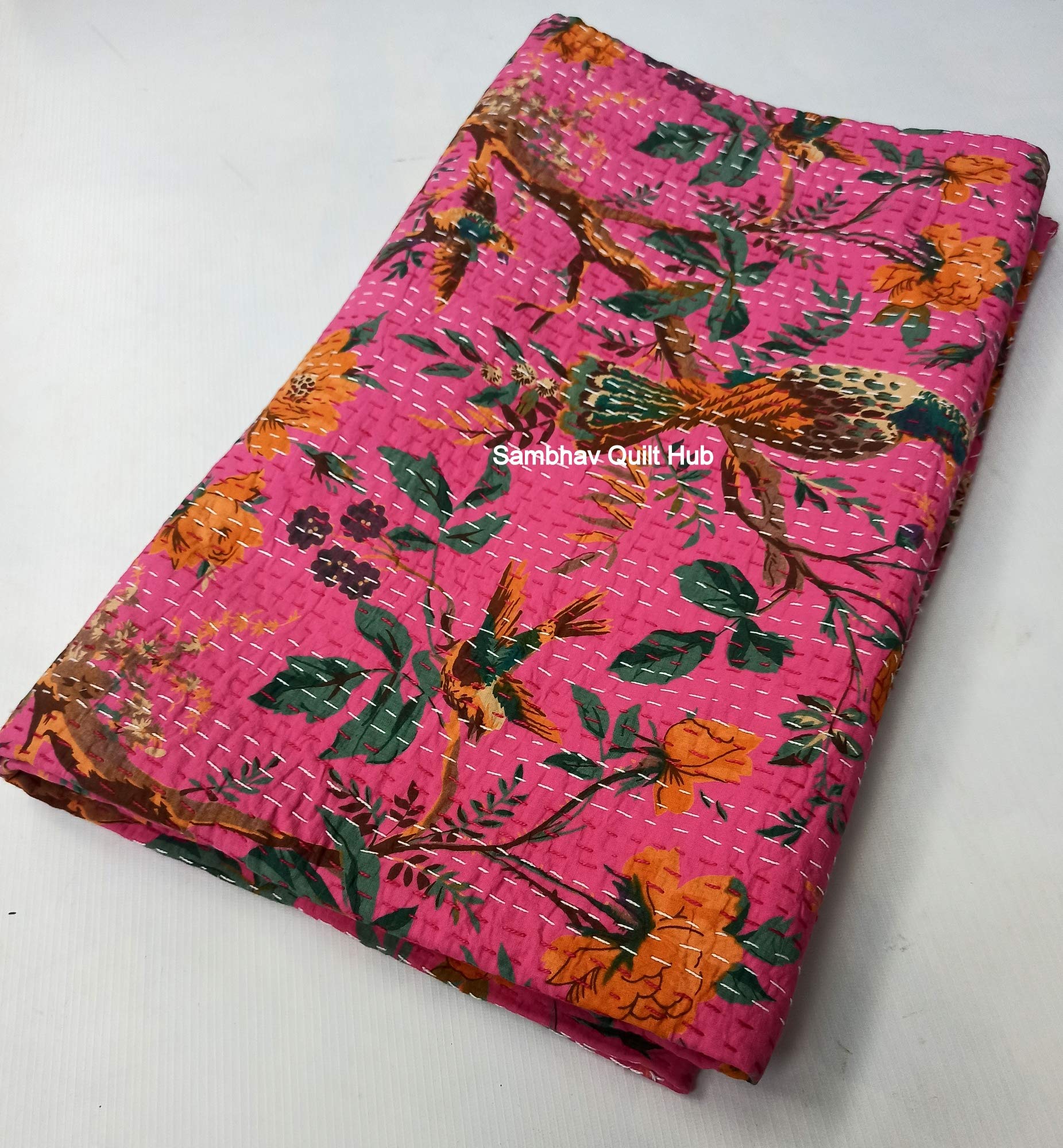 Reversible Pink Floral Bird Kantha Quilt - Bohemian King/Queen Size Bedspread (90x108 Inches) with 2 Matching Pillow Covers | Soft Cotton Bedding for Home Decor, Guest Room & Bohemian Style Bedroom