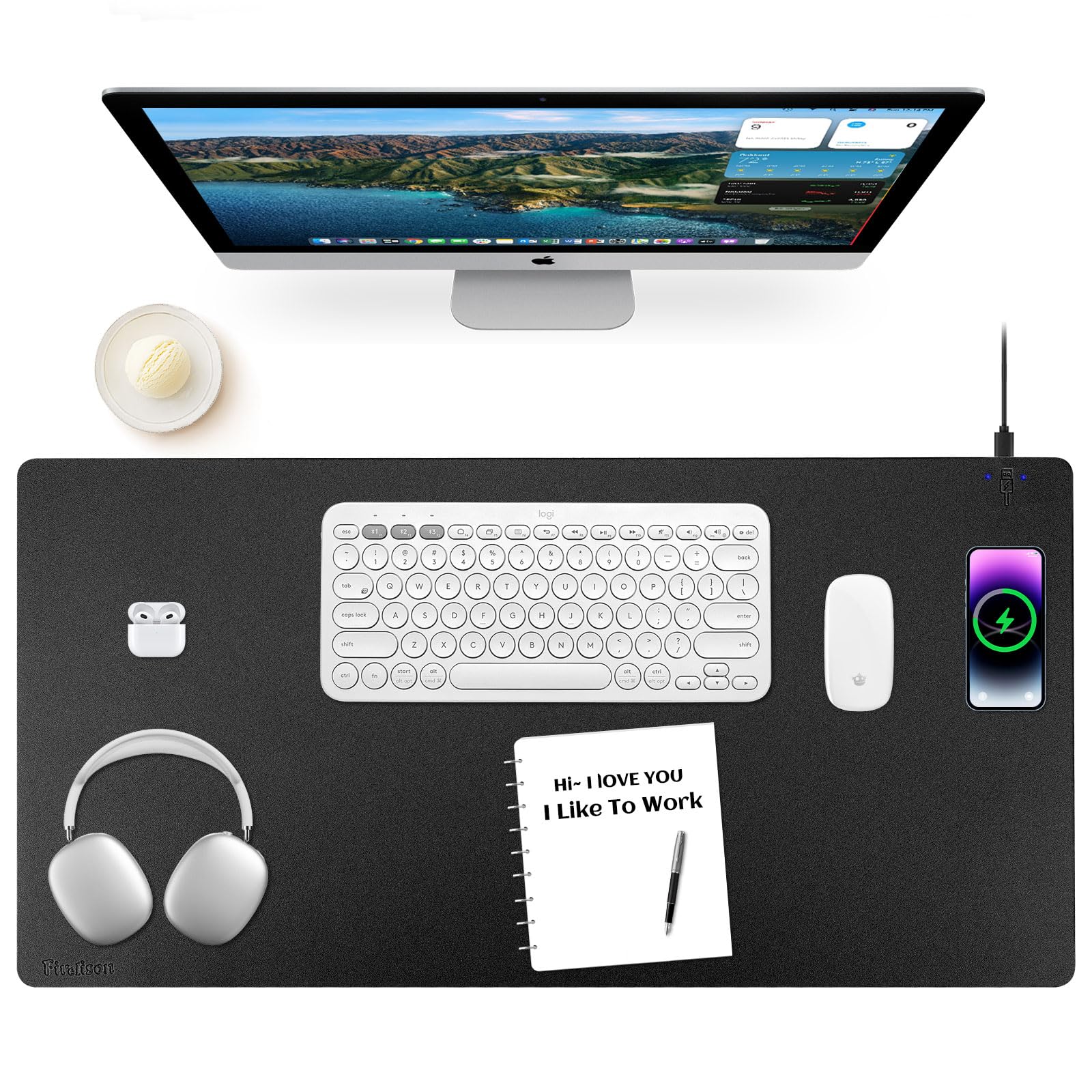 Firelison 2-in-1 Wireless Charging Mouse Pad - Premium Leather Desk Mat with Non-Slip Rubber Base, Waterproof Office Accessory for Computer, Work & Home Decor (32