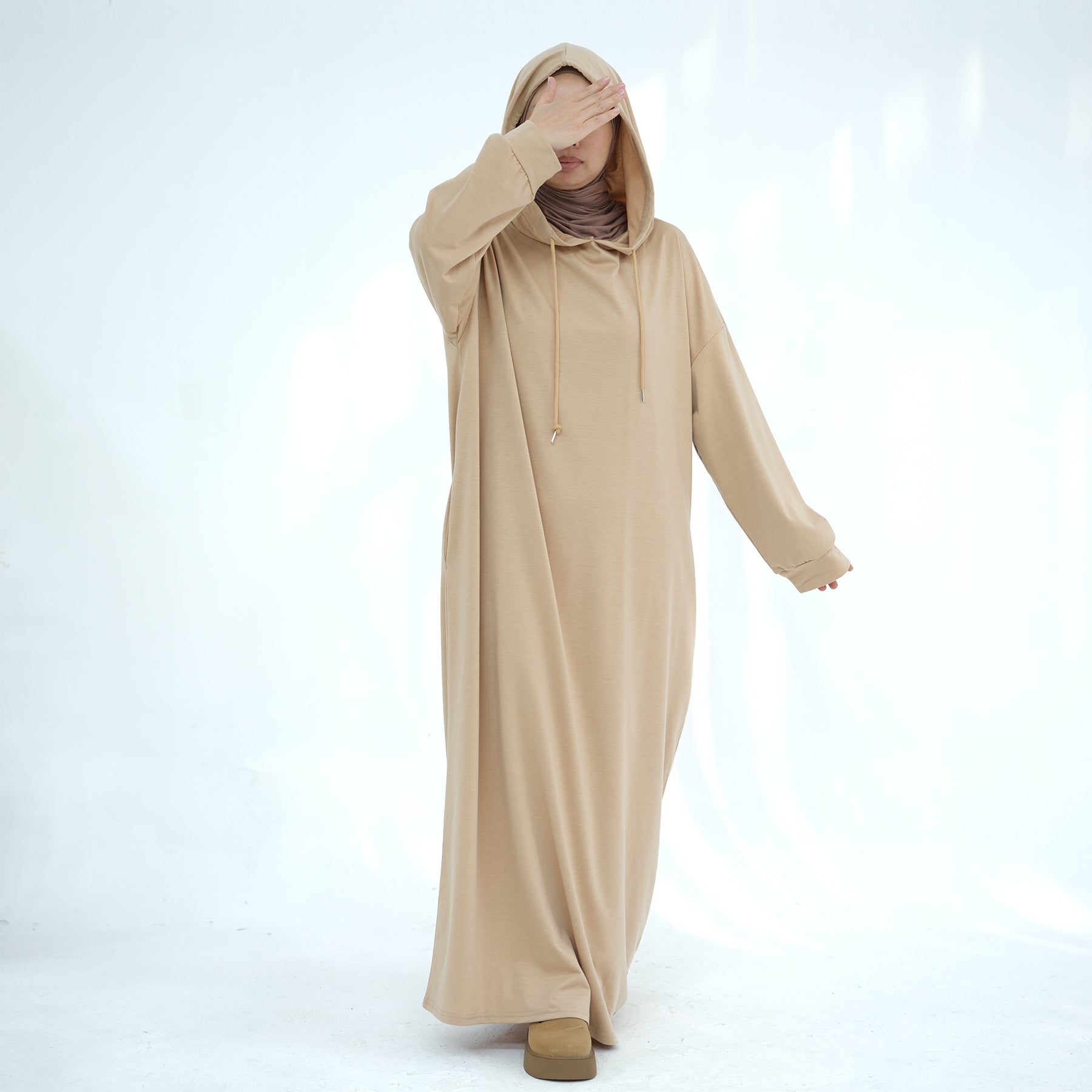 Alora Poly Hoodie Abaya - Modest Islamic Women's Prayer Dress with Hood - Tan | Perfect for Prayer, Mosque, and Everyday Wear