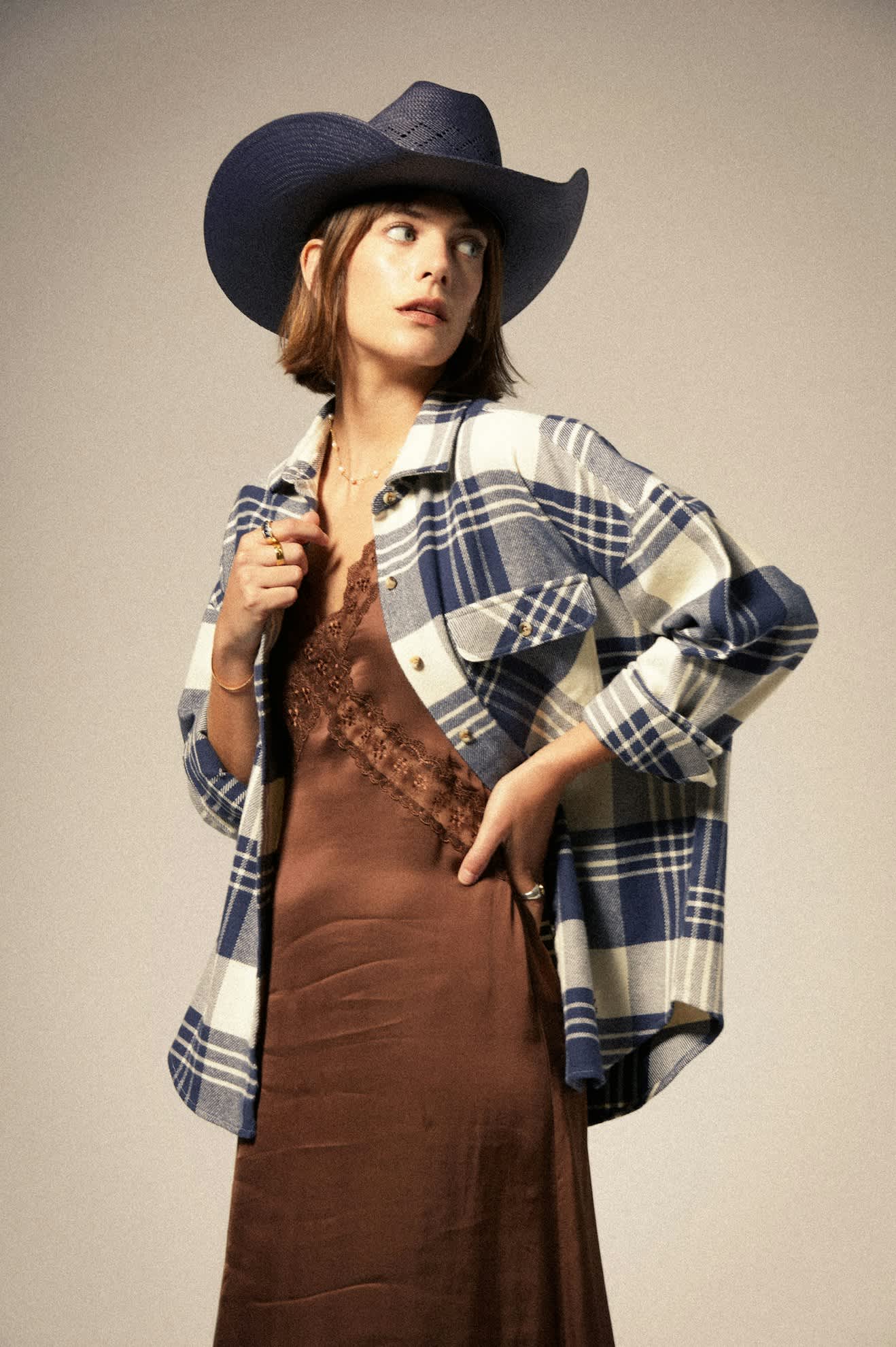 Bowery Women's Classic Long Sleeve Flannel Shirt - Azure Blue & Whitecap Plaid - Cozy Casual Wear for Fall & Winter Outfits