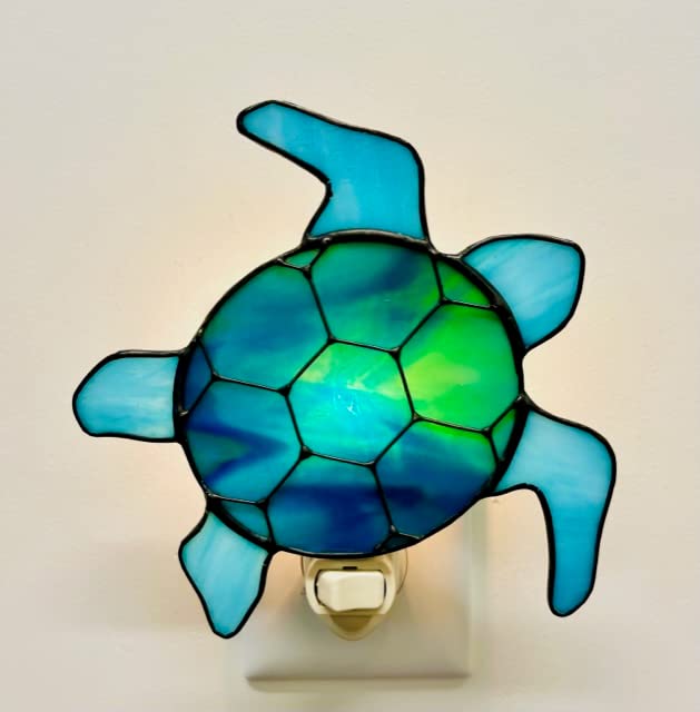 Handmade Stained Glass Turtle Night Light - Premium Sea Blue Glass Art Lamp, Made in USA | Perfect for Nursery, Kids Room, or Coastal Home Decor