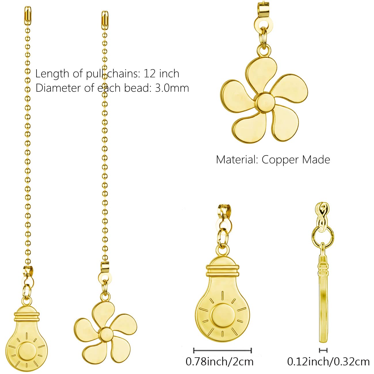 **Brass Ceiling Fan Pull Chain Kit - 4PCS 12 Inch Extension with Bulb & Fan Pattern - Fan Chain Connector & Pendant for Easy Light & Fan Control (Perfect for Bedroom, Living Room, Patio)**