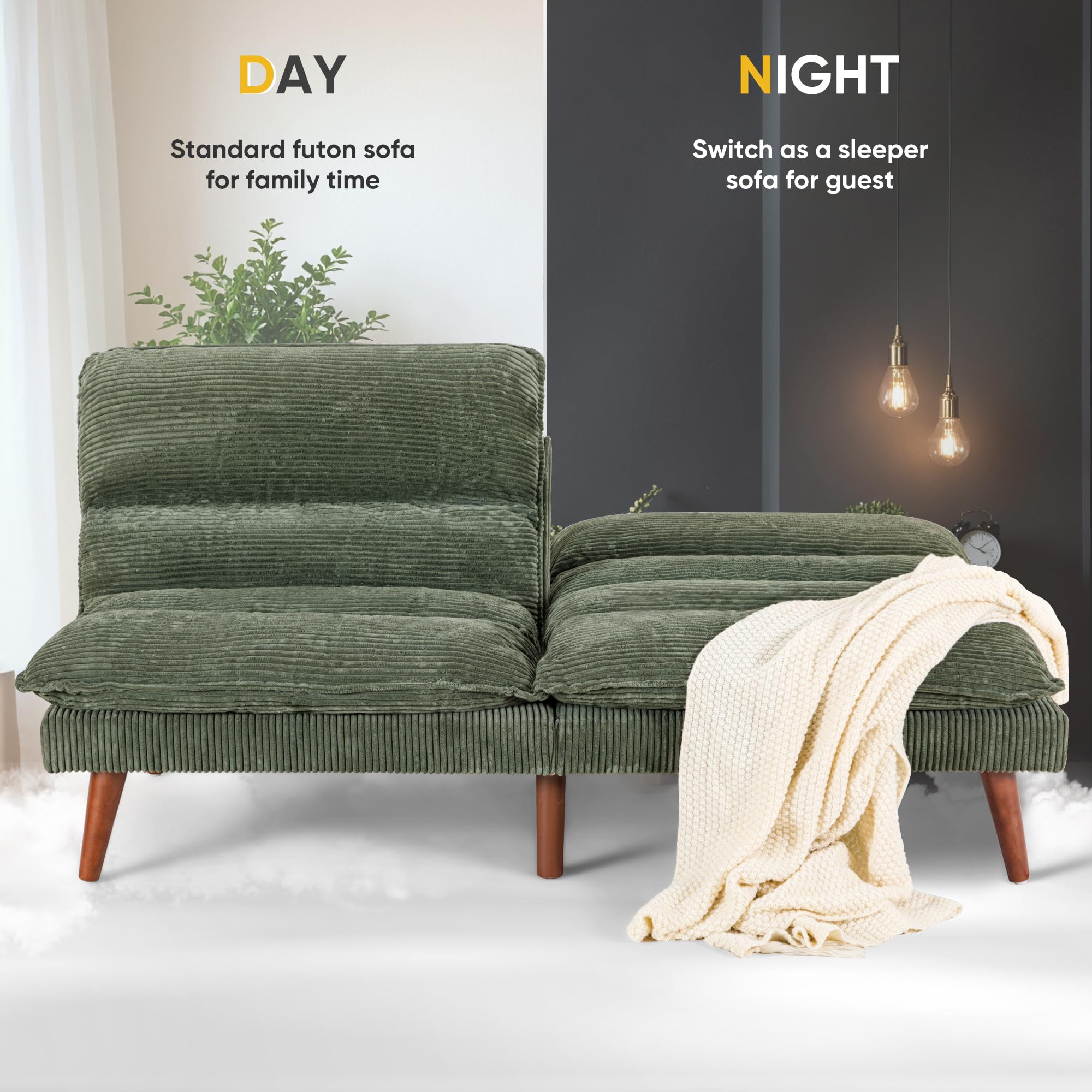 Flamaker Convertible Futon Sofa Bed - Adjustable Back Upholstered Sleeper Couch for Living Room, Guest Room & Small Spaces (Corduroy Fabric, Green) - Perfect for Apartments, Dorms & Home Offices