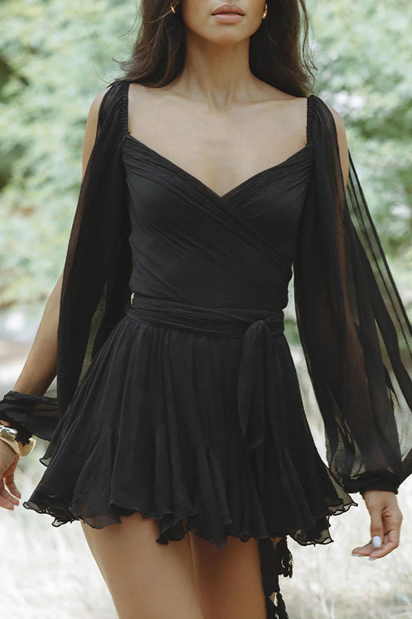 Elegant Chiffon Long Balloon Sleeve Back Lace Up Mini Dress for Women - Perfect for Cocktail Parties, Date Nights & Special Occasions