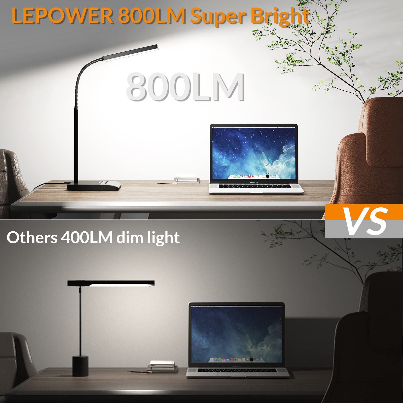 LEPOWER 800LM LED Desk Lamp with 50 Lighting Modes - Adjustable Gooseneck Touch Table Lamp for Home Office, Study & Bedroom - Eye-Caring Reading Light with 12W Brightness (Black) | Perfect for Night Reading, Computer Work & Homework