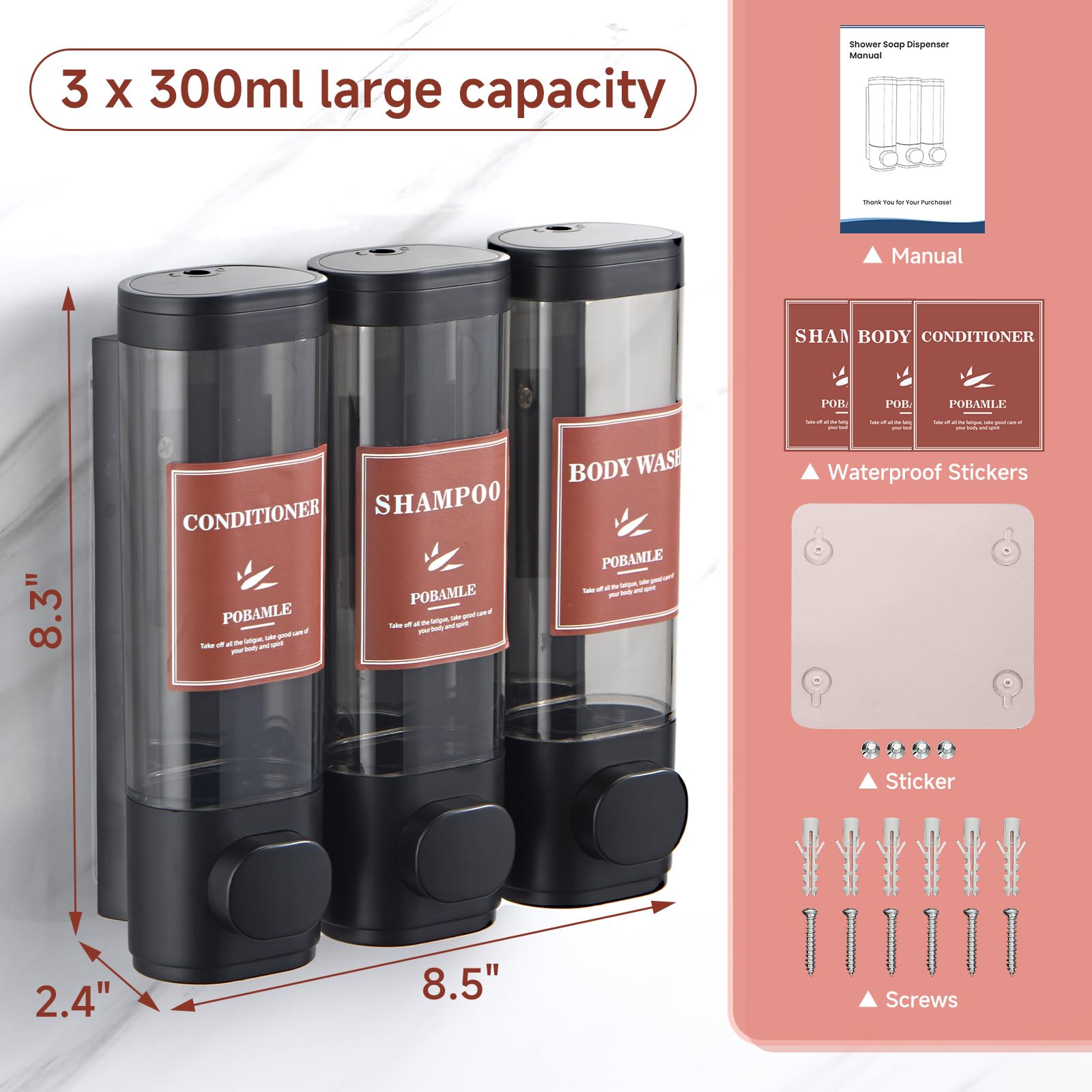 3-Chamber Wall Mounted Shampoo & Conditioner Dispenser - No Drill Bathroom Soap Dispenser for Shower, Holds Body Wash & Shower Gel (Black) | Perfect for Small Bathrooms & Shared Showers