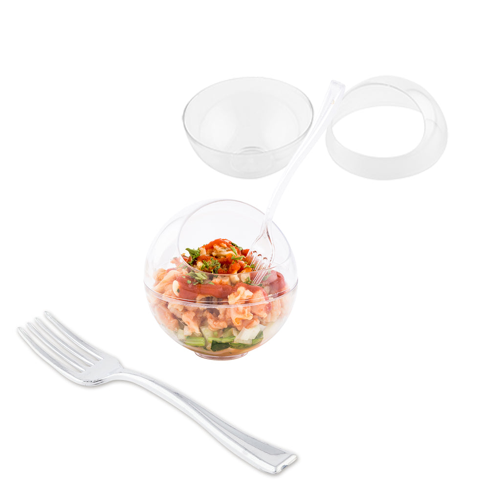 100-Pack 3 oz Clear Plastic Balloon Bowls & 100 Silver Mini Forks - Perfect for Party Decor, Baby Showers, Weddings, and Events