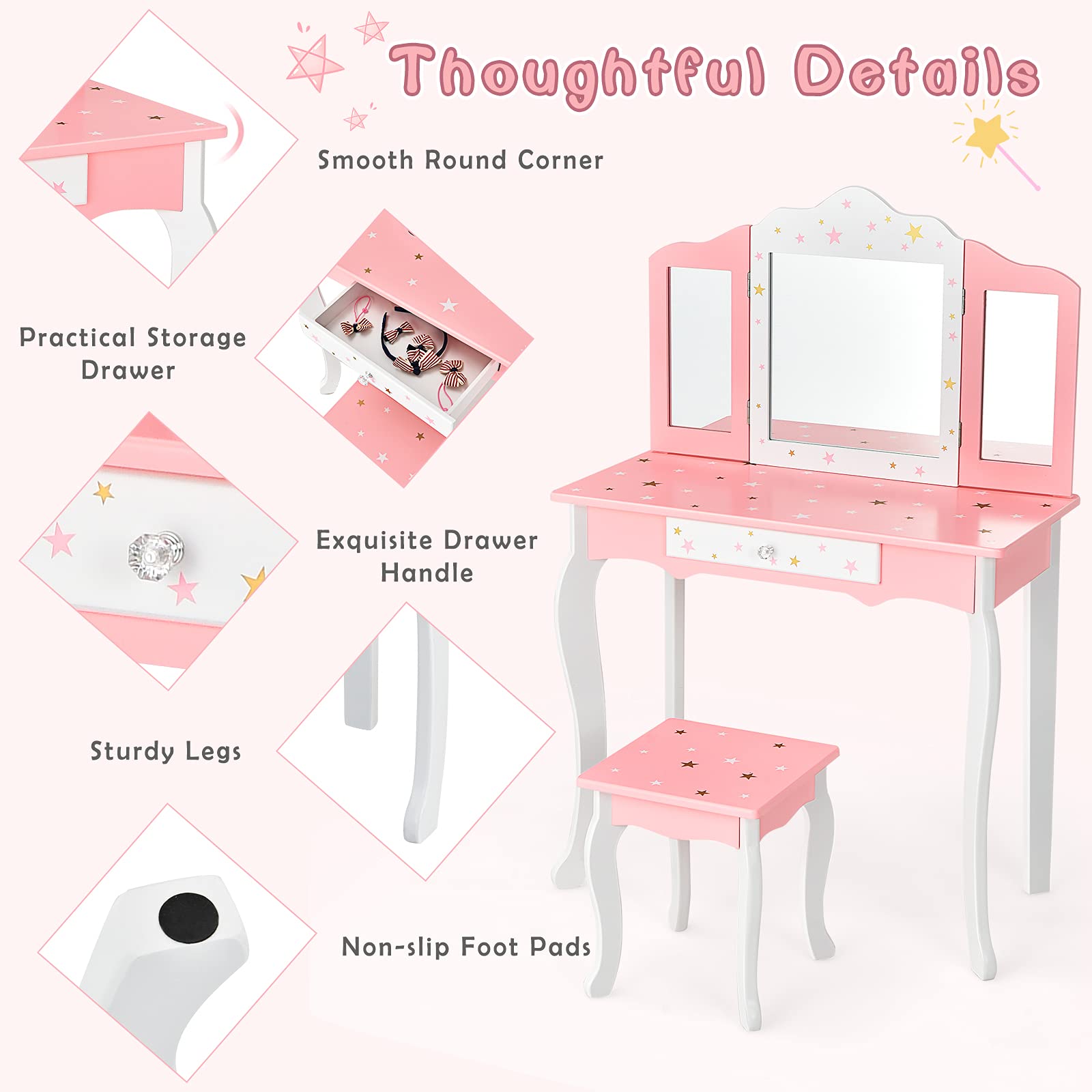 Princess Makeup Vanity Set for Girls with Mirror & Stool - Pretend Play Dress Up