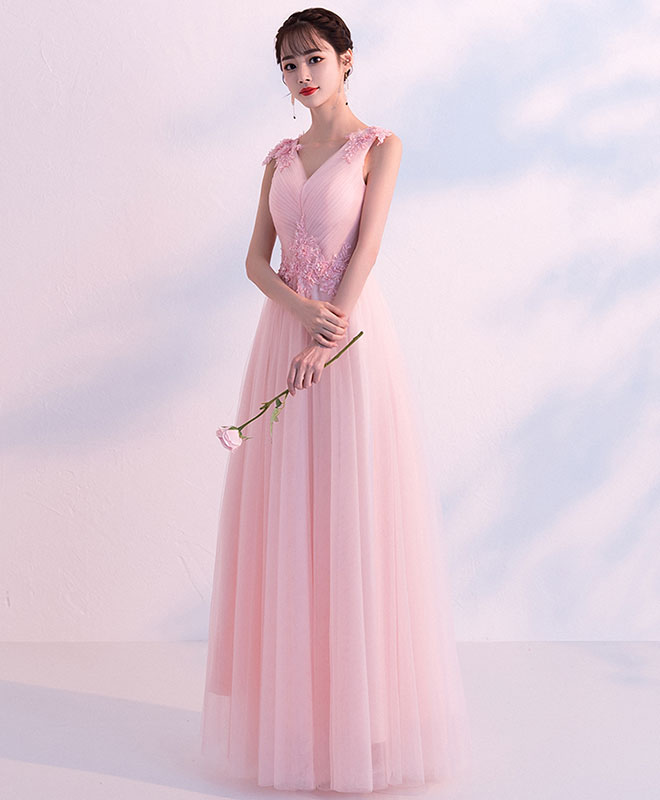 Elegant Pink V-Neck Tulle Long Prom Dress & Bridesmaid Gown - Perfect for Formal Dances, Weddings, and Special Occasions
