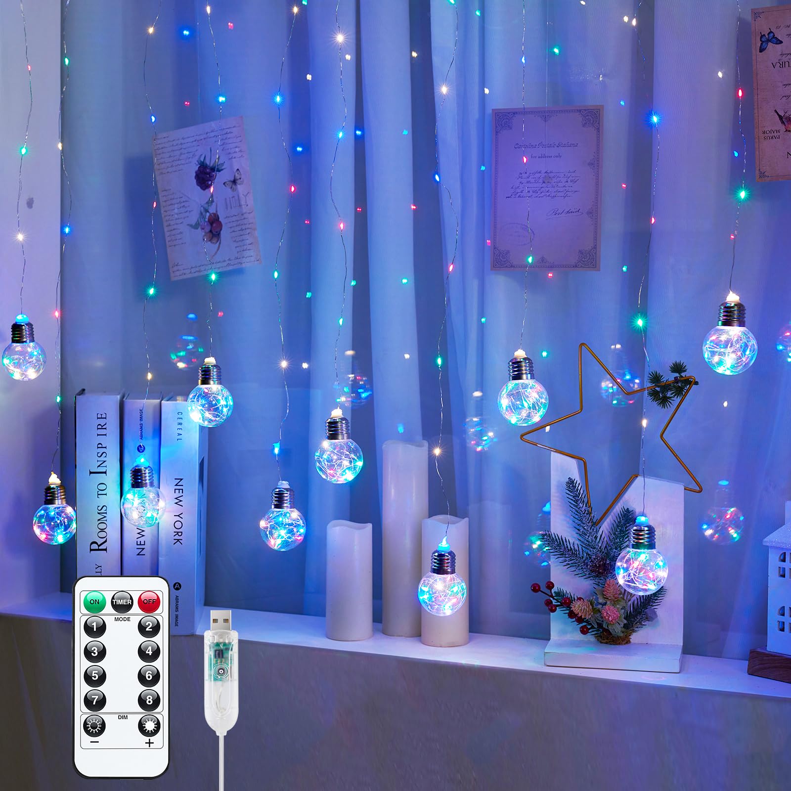 Minetom 200 LED Fairy String Lights with Remote - USB Powered Waterproof Wishing Ball Curtain Lights for Christmas, Wedding, Party & Bedroom Decor - Multicolor Indoor/Outdoor Decorative Lighting