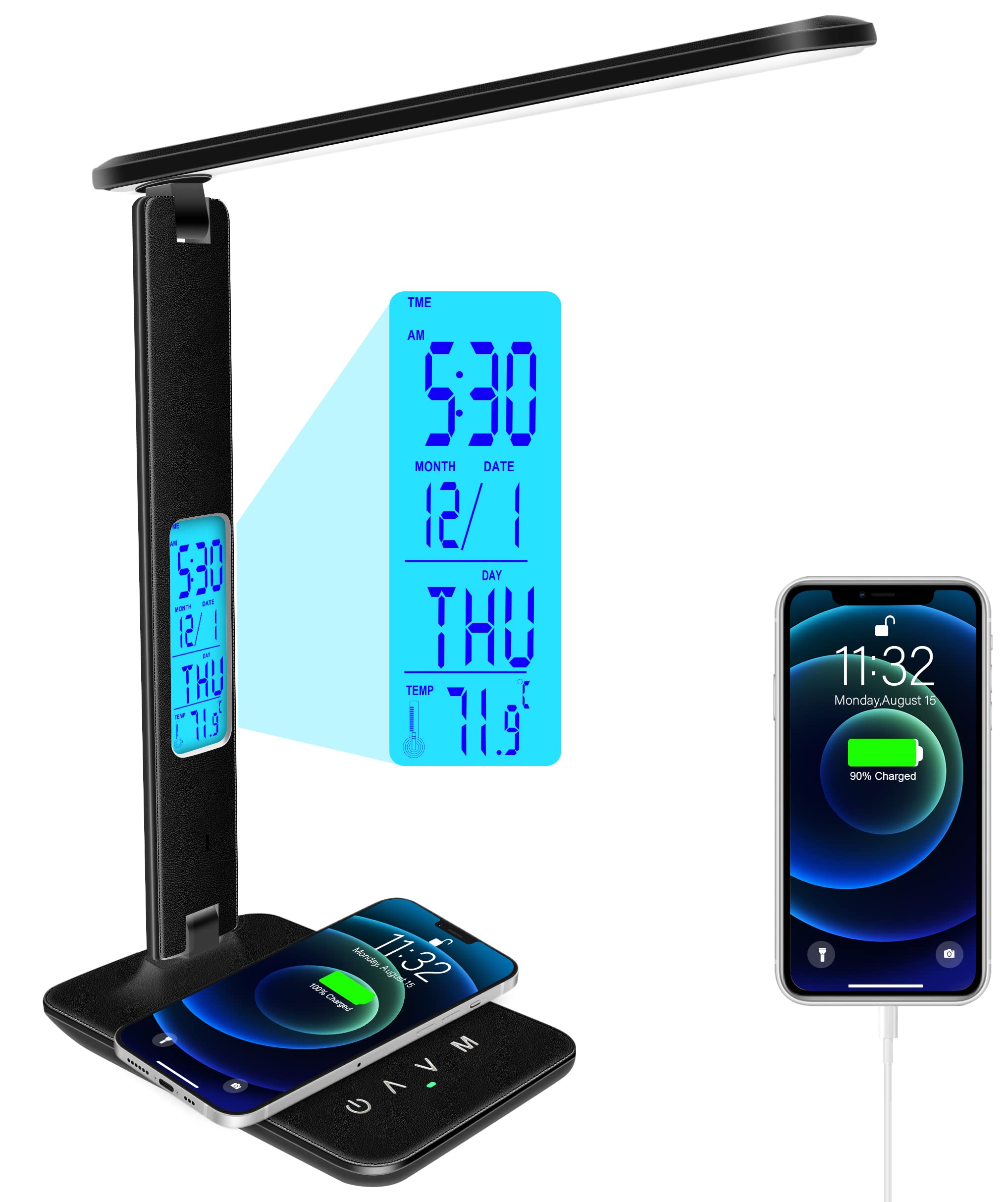 Wireless Charging Desk Lamp with USB Port, Dimmable LED Office Light with Clock, Alarm, Date & Temperature Display - Foldable Table Lamp for Bedroom, Bedside, Study & Office Workspace (Black) | Perfect for Night Reading, Working & Phone Charging