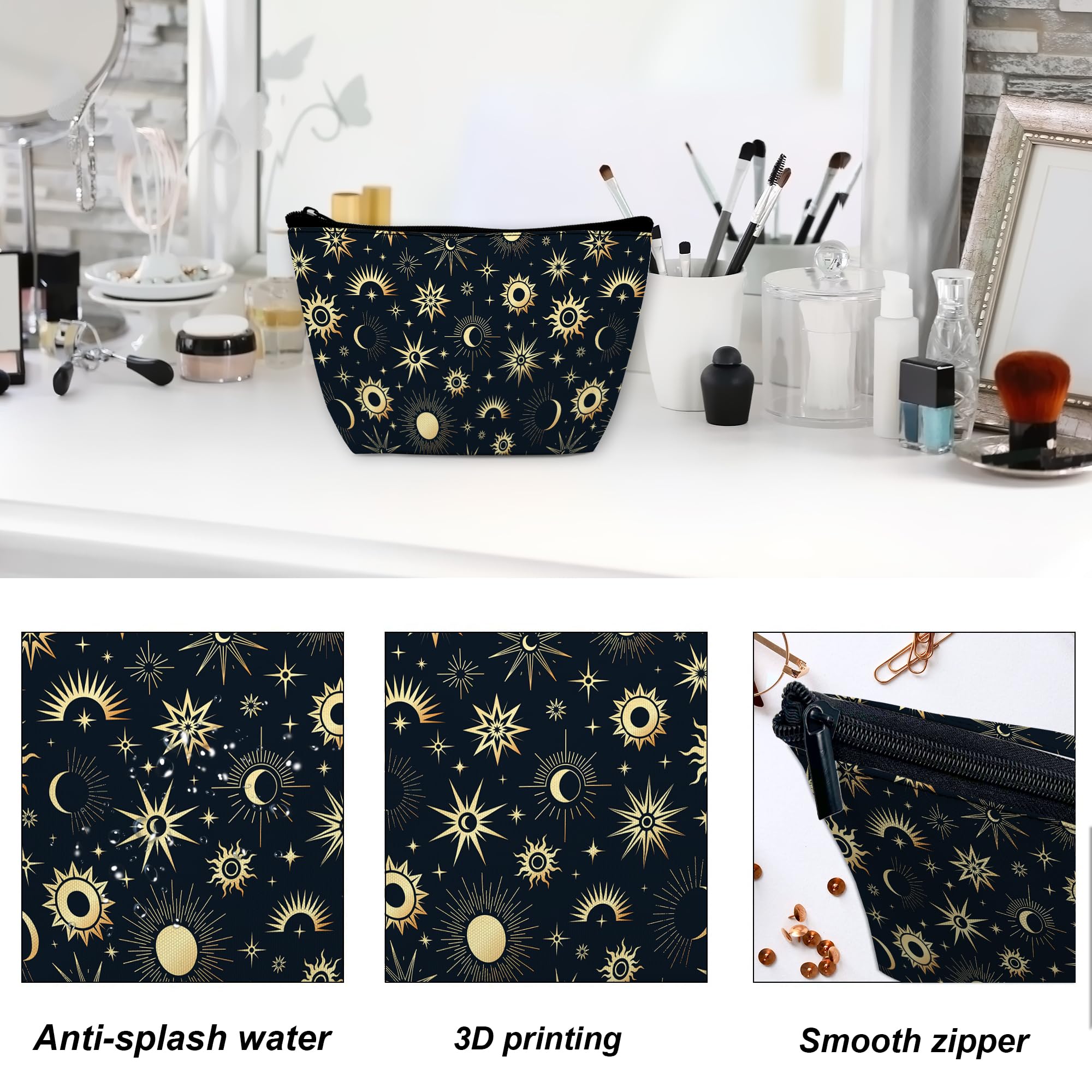 Stylish Gold Boho Cosmetic Bag for Women - Moon & Stars Design Makeup Pouch (9.5×5.9 Inch) | Travel Toiletry Organizer, Funny Zipper Purse Gift Idea | Perfect for Daily Use, Vacation Trips & Birthday Presents
