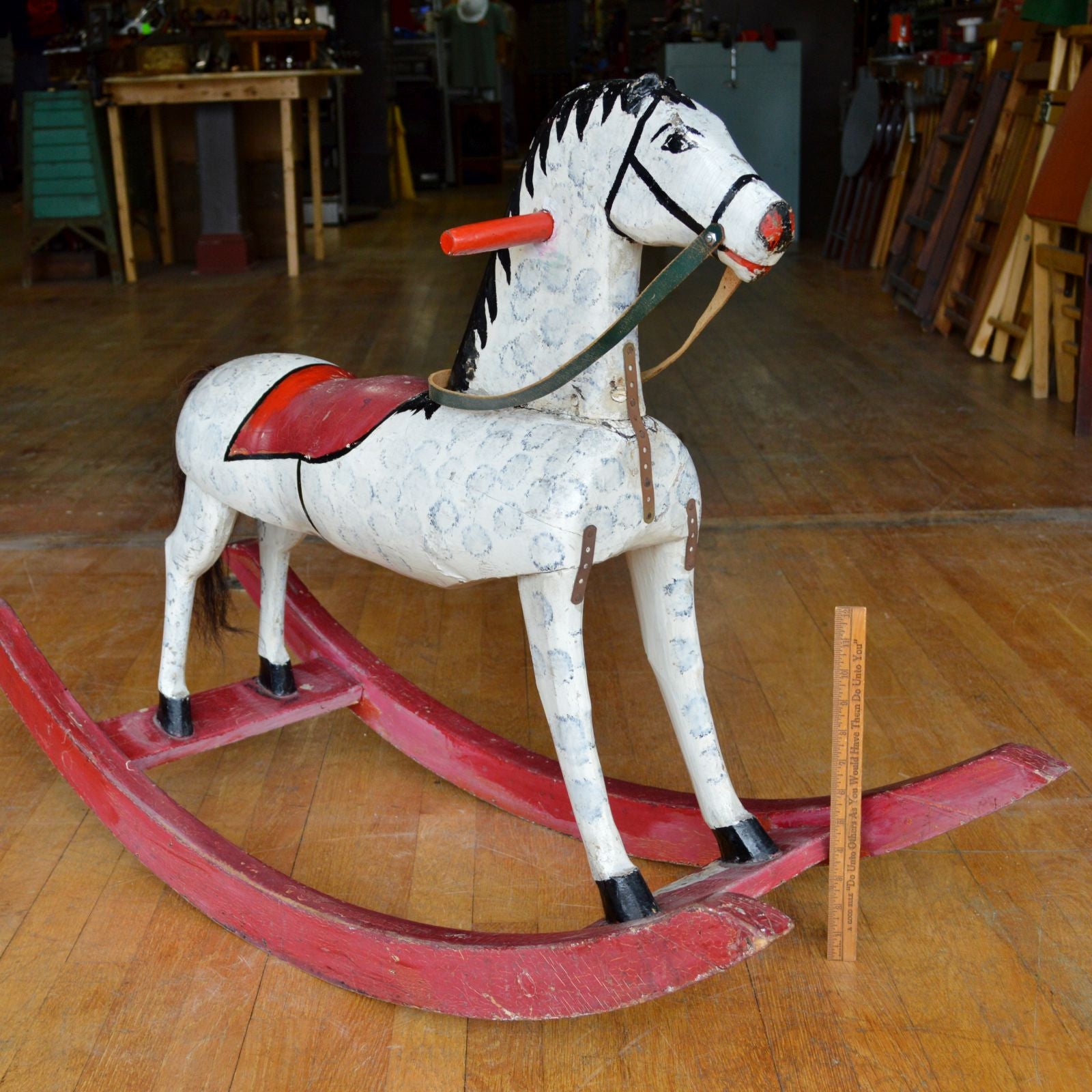 Antique Large Wooden Rocking Horse for Kids - Hand Carved Homemade Child Size 41x15x28 - Perfect for Nursery Decor & Classic Toy Collection