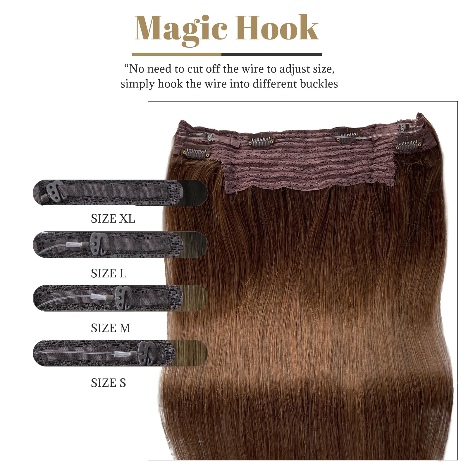 Halos 22 Inch 100g Medium Brown Human Hair Extensions with Invisible Wire - Remy Human Hair with Natural Highlights - Perfect for Daily Wear, Parties & Special Occasions