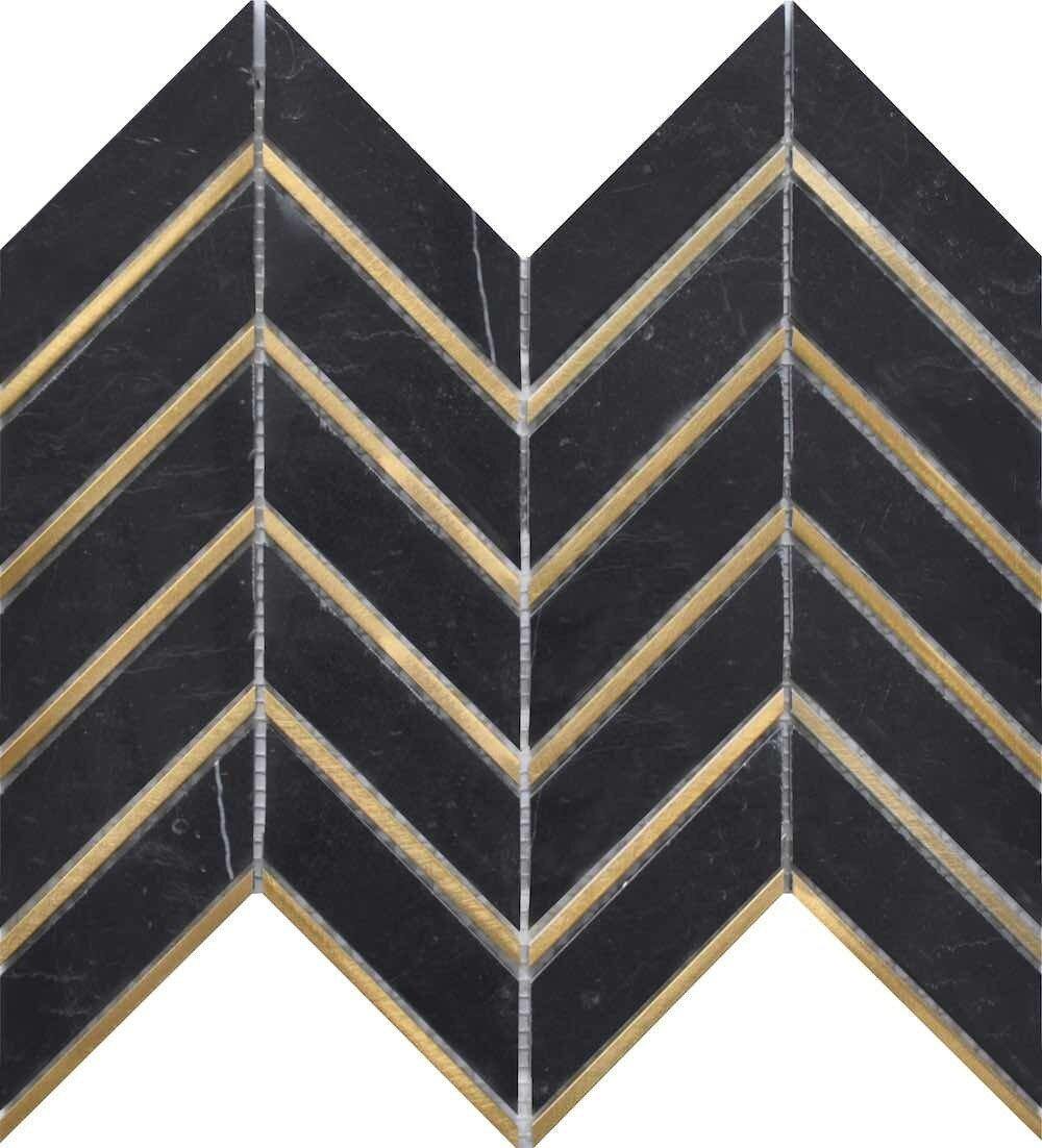 Premium Inlay Brass Gold Chevron Black Tile - Elegant Geometric Floor & Wall Decor for Home, Bathroom, and Kitchen