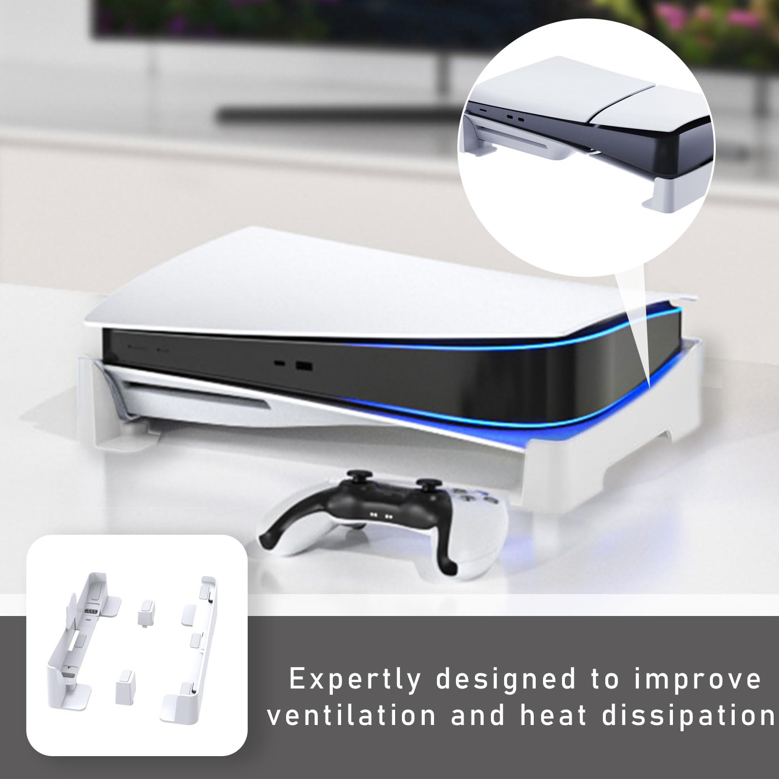 Thin Horizontal Stand for PS5 Slim Disc/Digital Edition - White Accessory for Laying Down PS5 Slim Console - Compatible with PS5 Slim DE/UHD - Perfect for Gaming Setups & Entertainment Centers