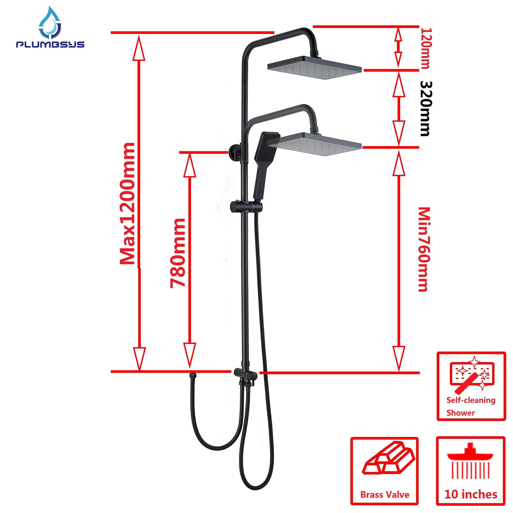 Plumbsys Black Shower Rail Set - 10 Inch Square Rainfall Shower Head with Diverter & Handheld Spray | Wall Mounted Bathroom Shower System with Automatic Cleaning Function | Perfect for Modern Home, Spa, and Luxury Bathroom Renovations
