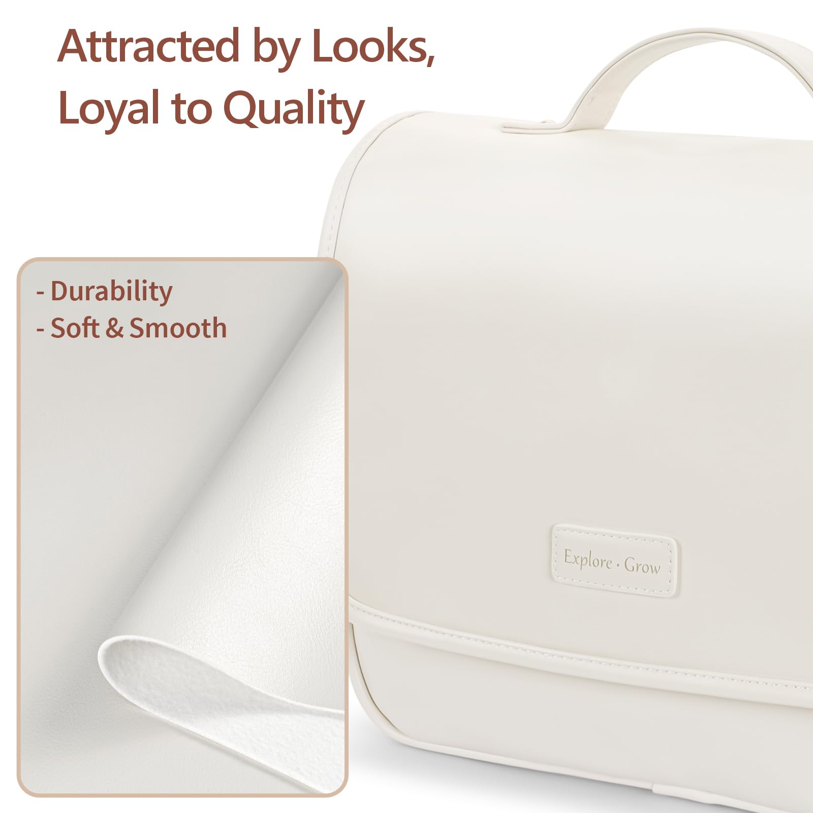 PACKISM Hanging Travel Toiletry Bag - Waterproof PU Leather Cosmetic Organizer with Inner Pockets for Full-Sized Toiletries & Small Items | Detachable U-Shaped Open Design | Perfect for Travel, Camping & Bathroom Storage (Large, Off White)