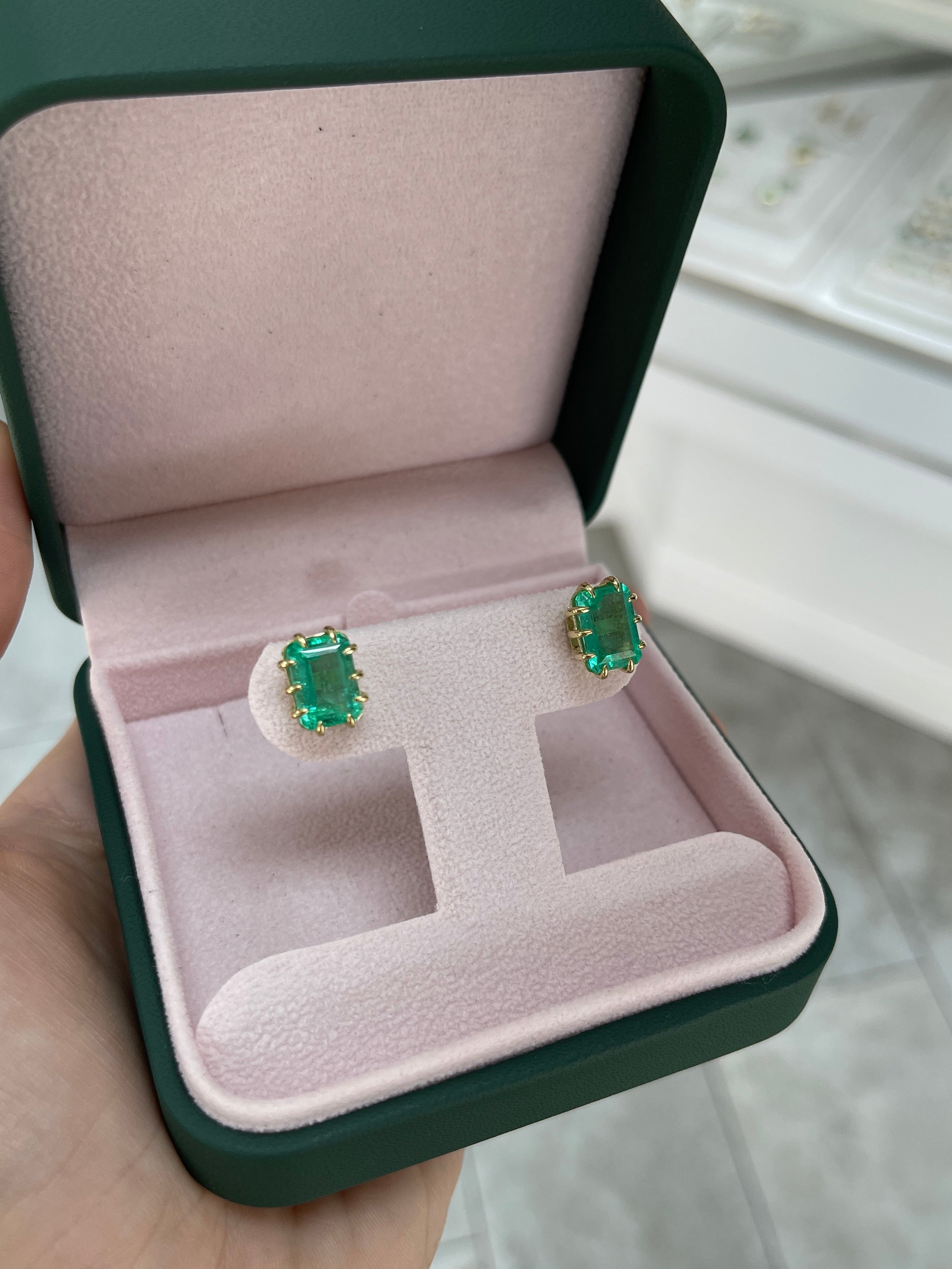 6.24tcw Colombian Emerald Multi-Prong 18K Gold Statement Stud Earrings for Women - Elegant Jewelry for Parties, Weddings & Special Occasions