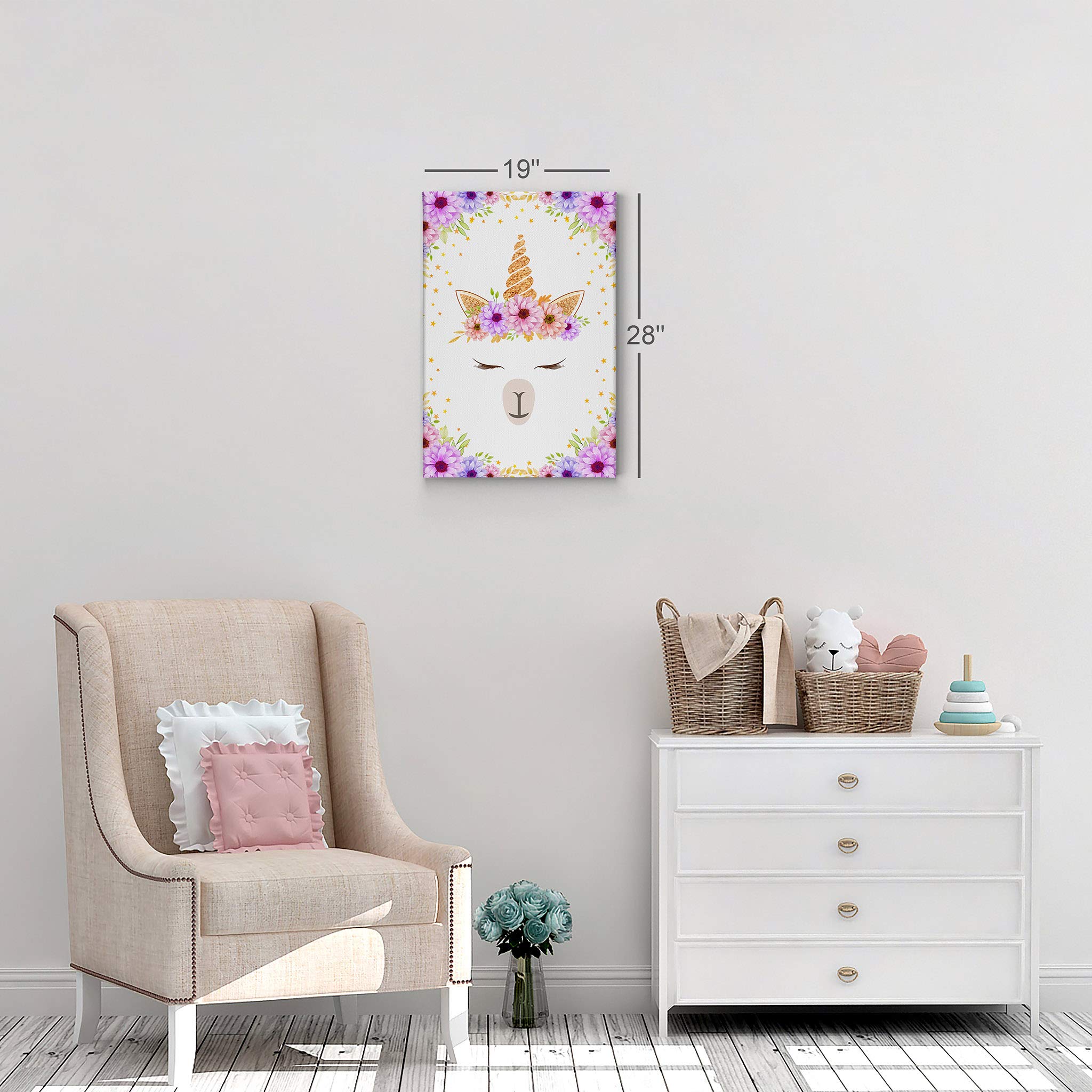 Smile Art Design Cute Unicorn Wall Art Canvas Print - Purple Floral Background Ready to Hang Nursery Decor, Kids Room Decor, Baby Gift - 40x30 Inches Made in USA | Perfect for Children's Bedroom, Playroom & Birthday Presents