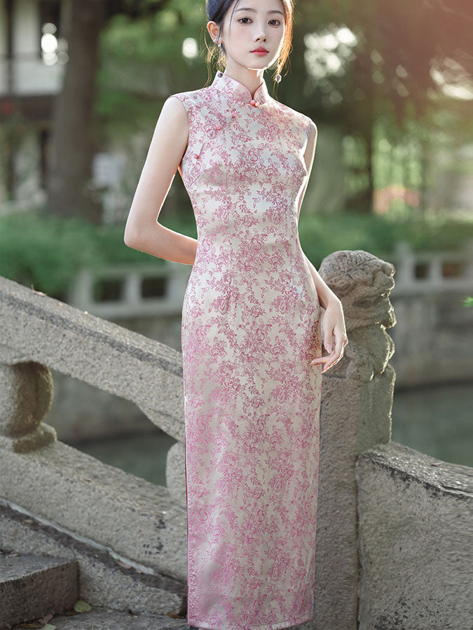 Elegant Pink Jacquard Floral Sleeveless Long Qipao Dress for Women | Traditional Chinese Cheongsam | Perfect for Weddings, Parties & Special Occasions