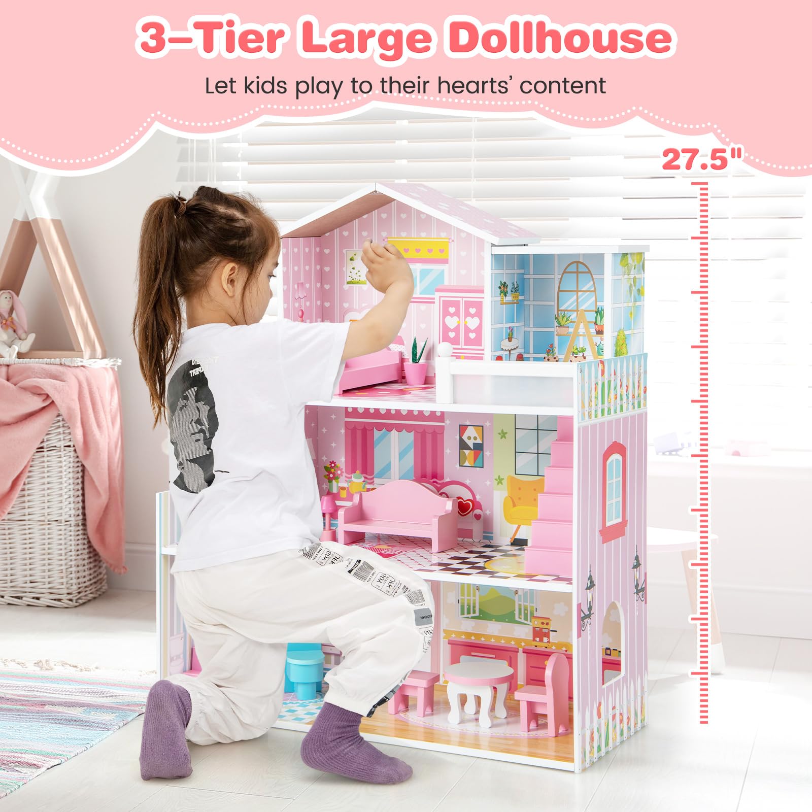 Costzon 3-Story Wooden Dollhouse for Kids - Semi-Open Design with 5 Rooms, 10-Piece Furniture Set, Ladders & Balcony | Preschool Learning Toy, DIY Pretend Play House for Girls & Boys Ages 3+ | Perfect for Birthday Gifts, Classroom Activities & Imaginative Play