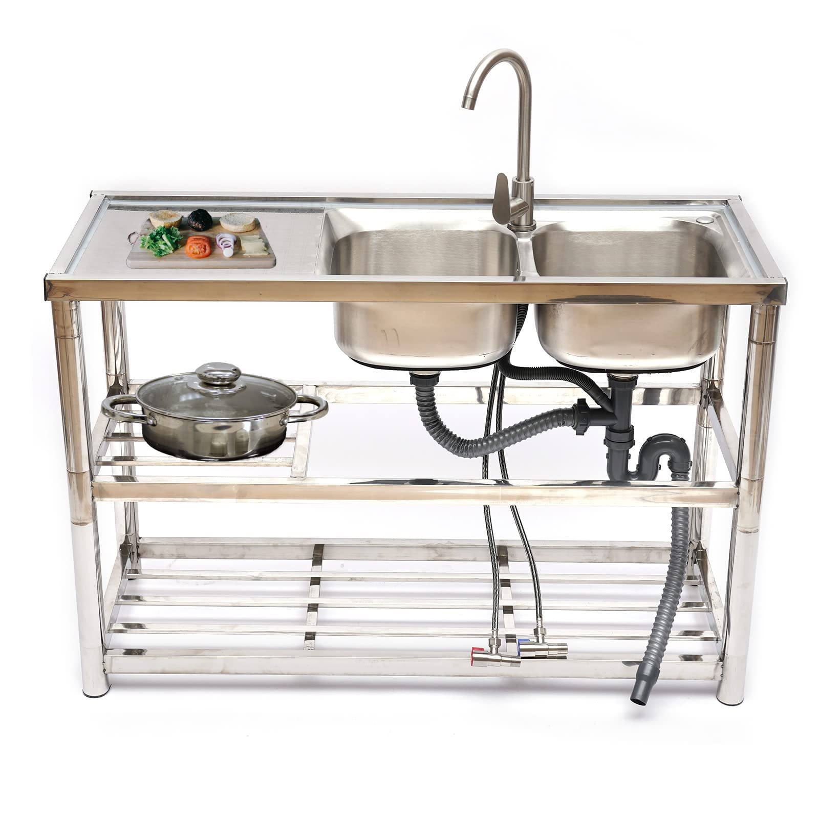 Commercial Restaurant Sink - 304 Stainless Steel Double Bowl Utility Sink with Storage Shelves & Drainer Unit Faucet Combo - Perfect for Commercial Kitchens, Food Prep Areas & High-Traffic Restaurants