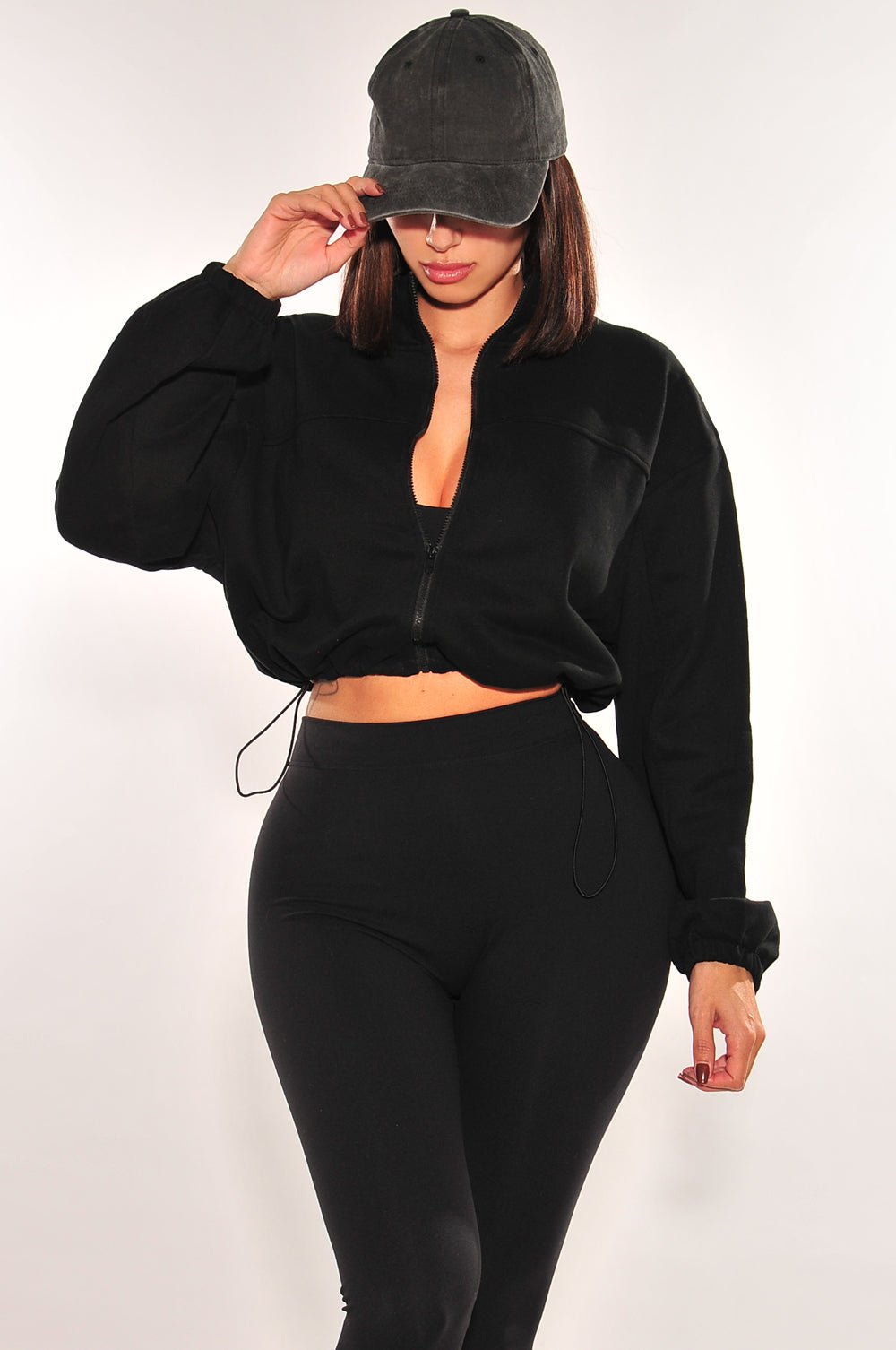 Black Drawstring Cropped Jacket for Women - Lightweight Casual Zip Up Hoodie with Pockets | Perfect for Streetwear, Gym, and Everyday Outfits