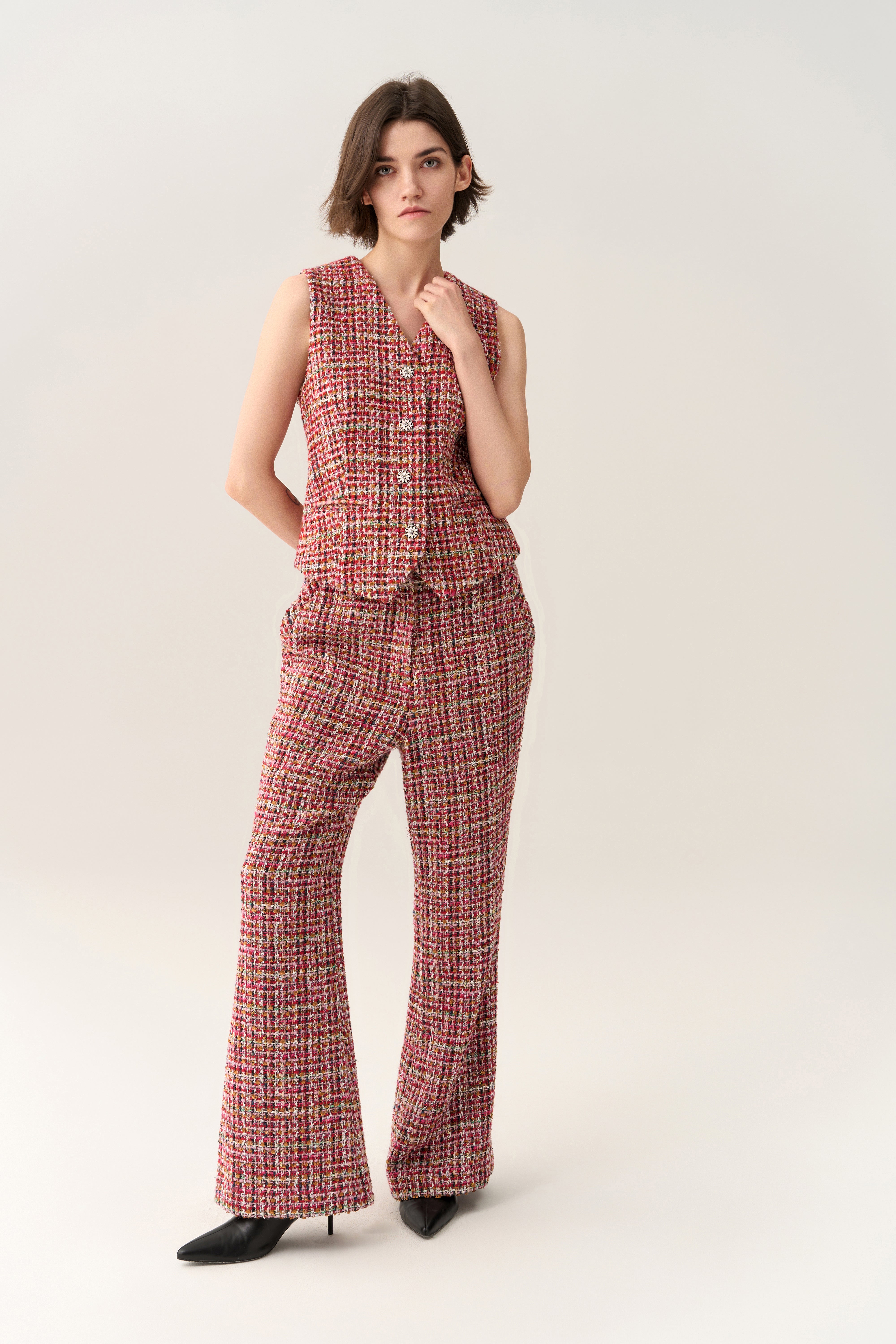 Elegant Checked Crystal Button Waistcoat Vest for Women - Formal Office Wear & Evening Party Outfits