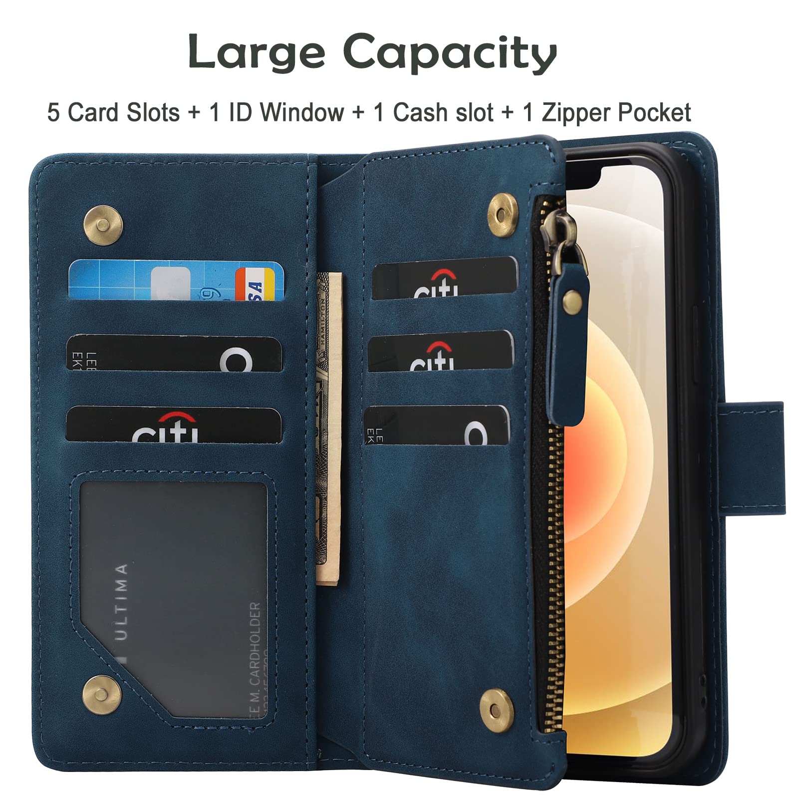 Premium PU Leather Zipper Wallet Case for iPhone 13 Pro (6.1 inch) - RFID Blocking, Magnetic Closure, Built-in Kickstand & Wrist Strap | Protective Phone Cover with Card Slots | Perfect for Travel, Shopping & Daily Use (Blue)