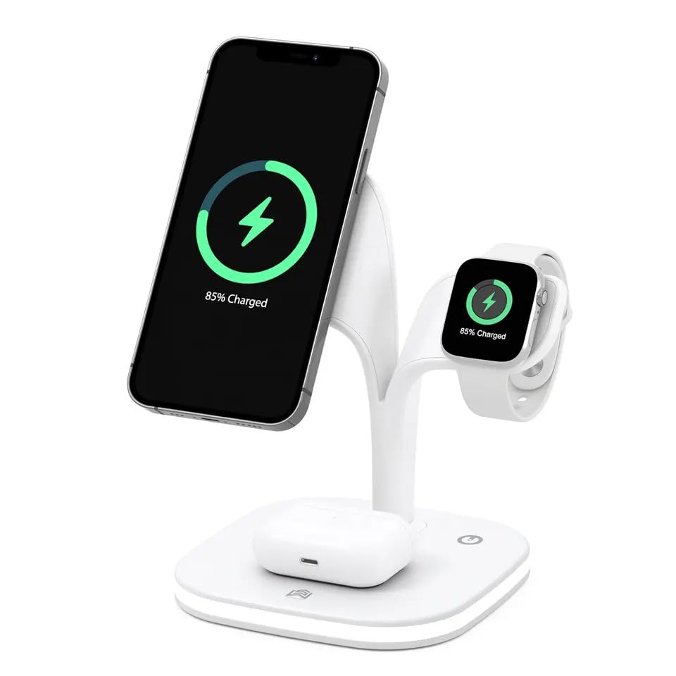 15W 3-in-1 Magnetic Wireless Charger for iPhone 14/13/12 & AirPods - Fast Qi Charging Stand with Nightstand Mode | White Minimalist Design for Home & Office