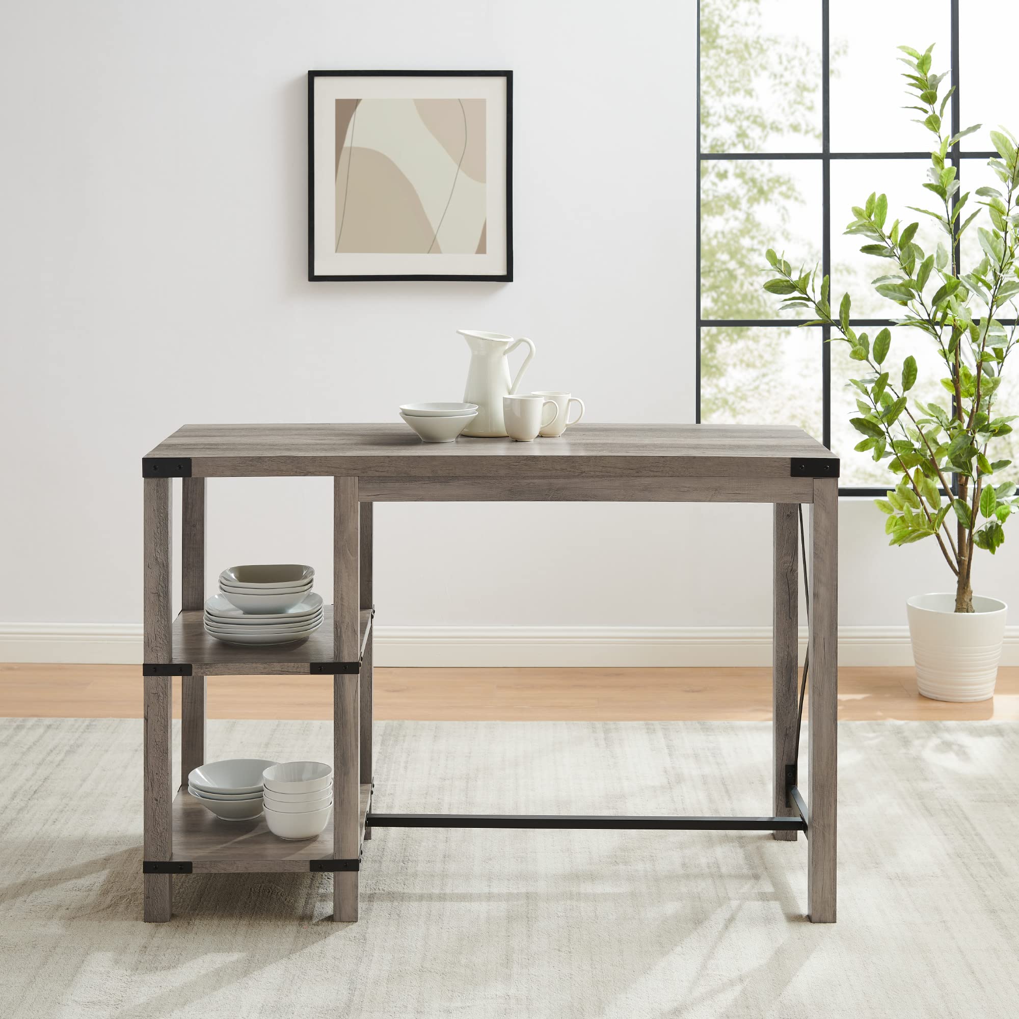 Walker Edison Kenneth Modern Farmhouse Kitchen Island with Angled Iron Frame, Gray - Perfect for Farmhouse Style Kitchens, Dining Areas & Open Concept Living Spaces