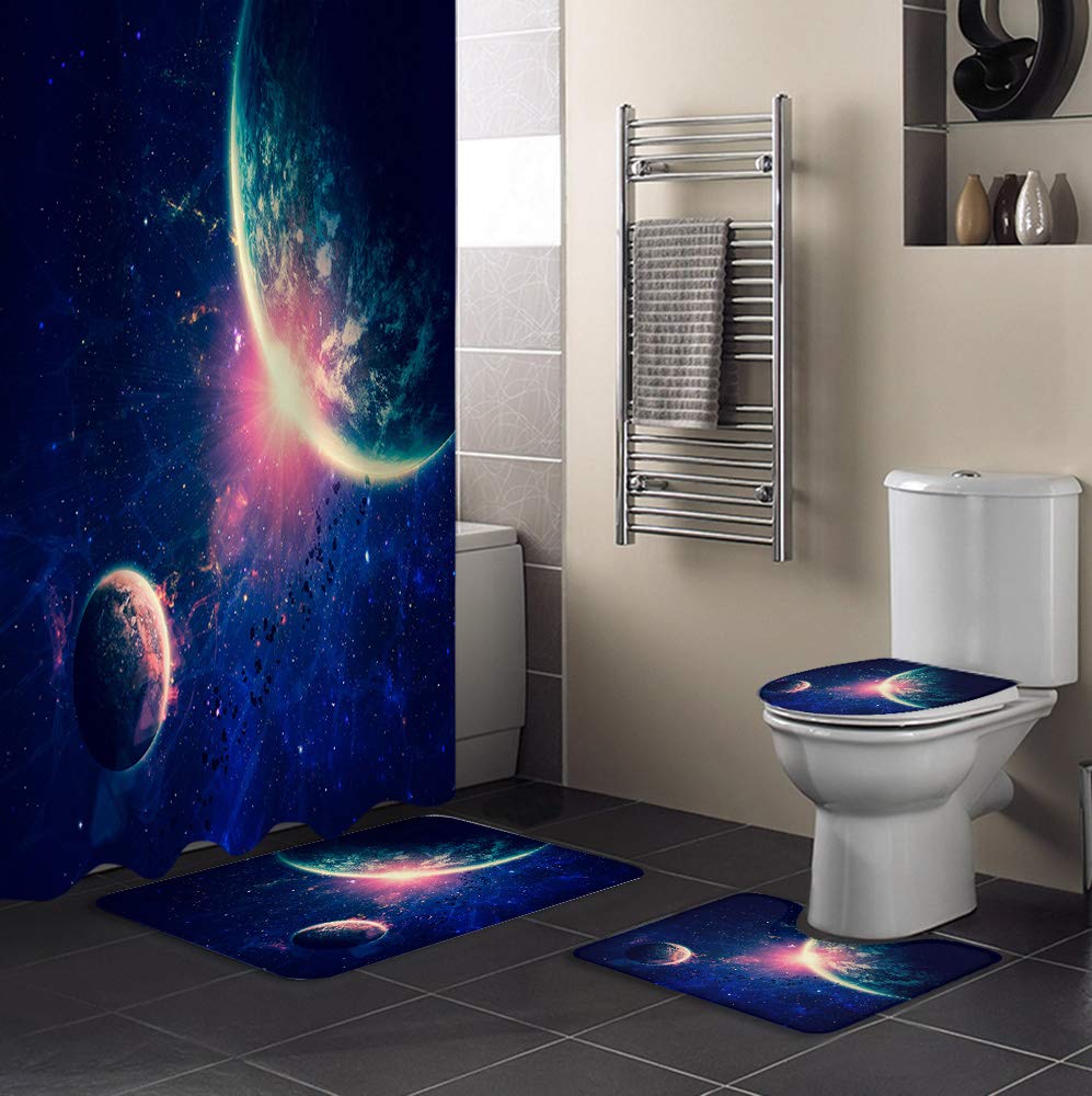 Outer Space Planet Bathroom Set - 4 Piece Non-Slip Shower Curtain with Matching Bath Mat, Toilet Lid Cover & Rugs | Waterproof & Stylish for Modern Bathrooms | Perfect for Space-Themed Decor & Kids' Bathrooms