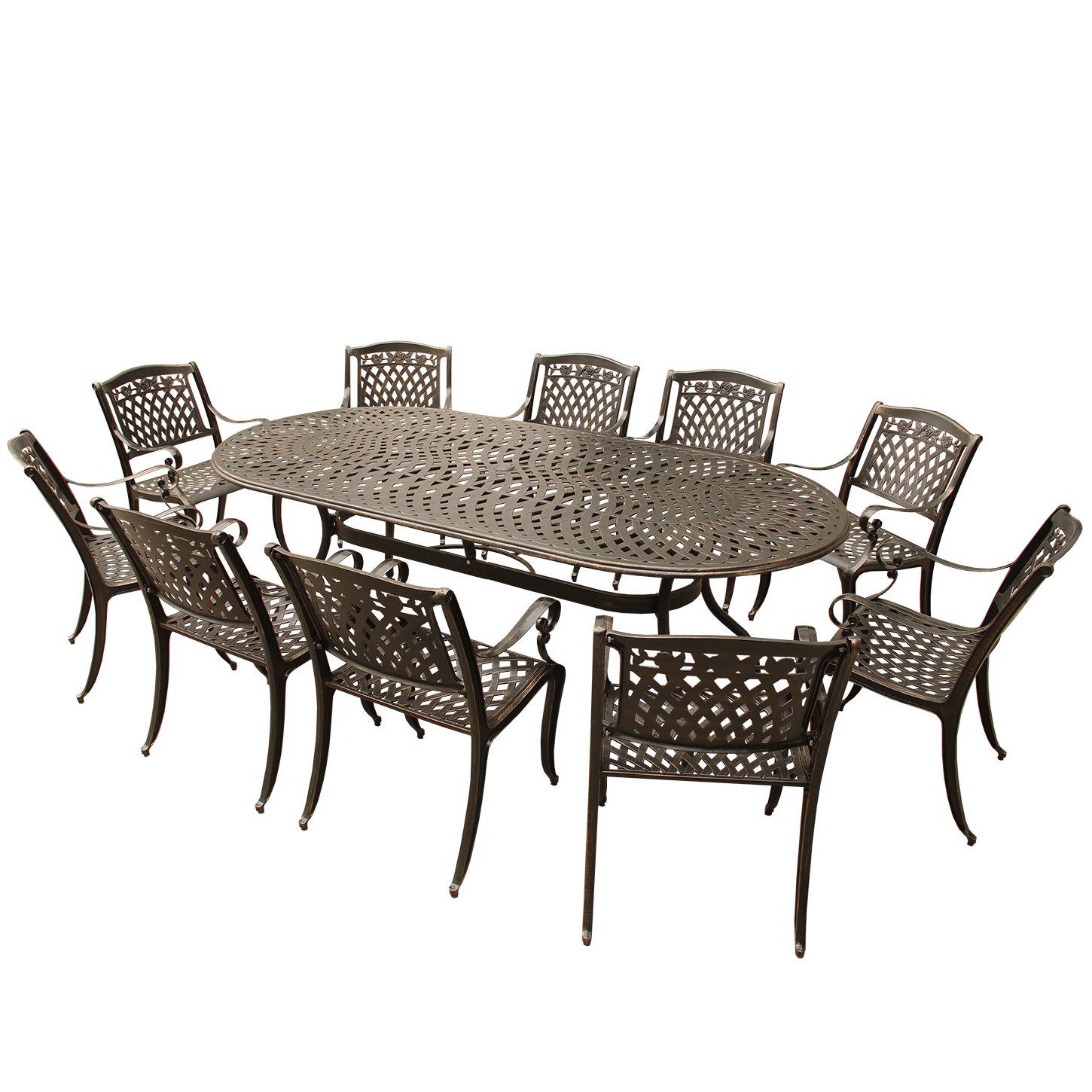 Oakland Living Rose Contemporary Modern Ornate Mesh Lattice 95-inch Bronze Oval Outdoor Aluminum Patio Dining Set with 10 Chairs - Perfect for Large Backyard Gatherings, Poolside Entertaining & Garden Parties