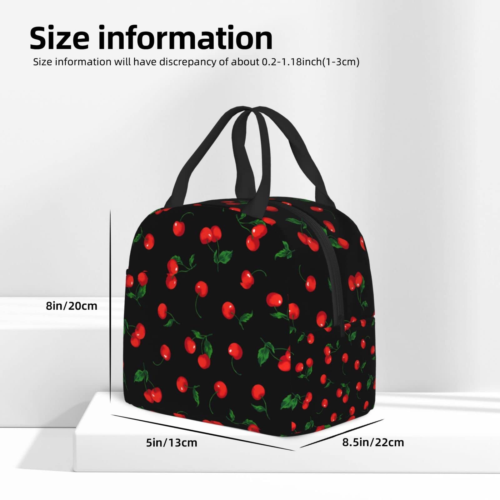 Insulated Cherry Black Lunch Box for Kids - Reusable Lunch Tote Bags for Boys & Girls | Perfect for School, Camping, Hiking, Picnic, Beach & Travel | Keep Food Fresh All Day