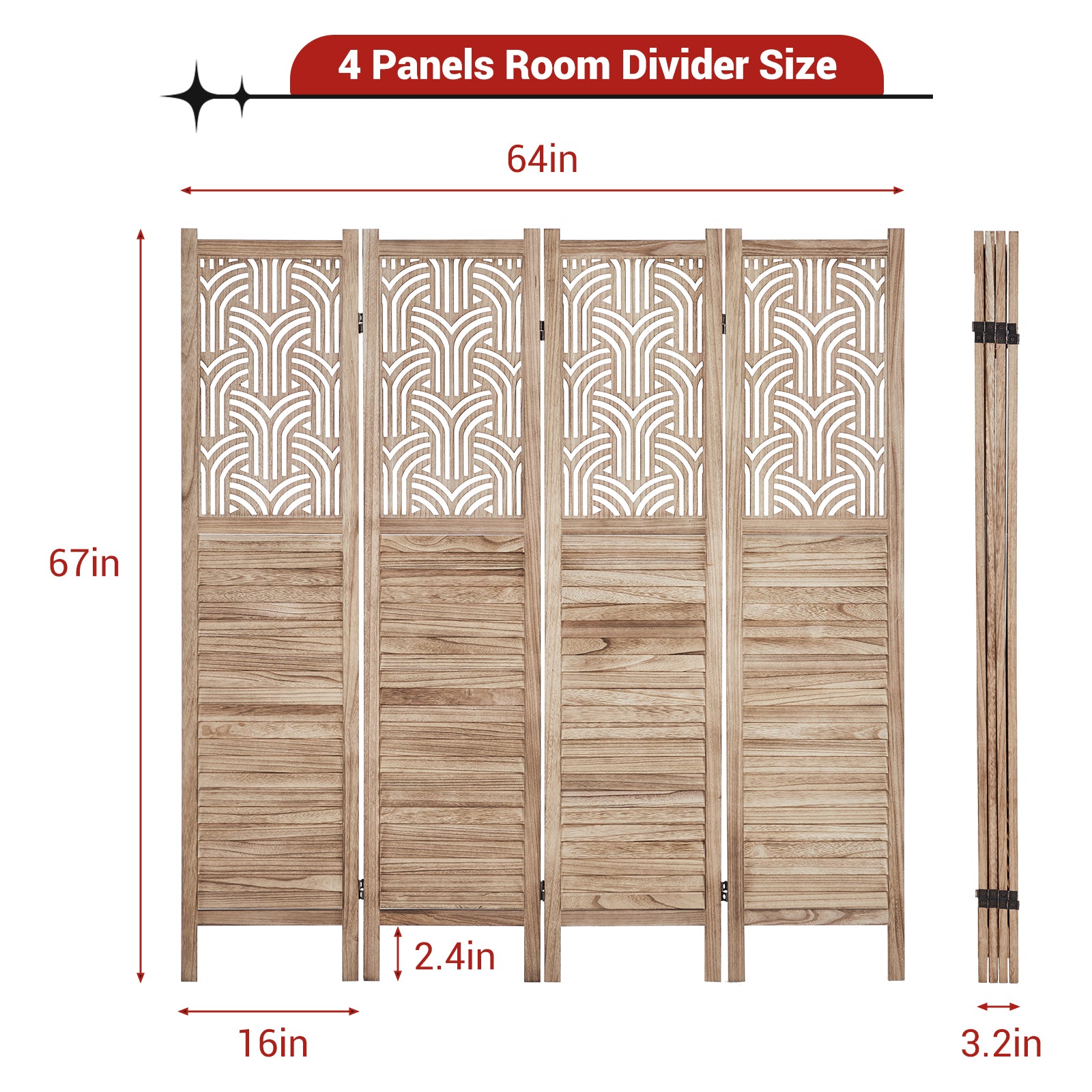 GARVEE 4 Panel Wooden Room Divider - 6 Ft Tall Freestanding Privacy Screen with Decorative Cutouts, Foldable Partition for Bedroom, Living Room & Office - Natural Finish | Perfect for Home Decor, Space Division & Room Privacy
