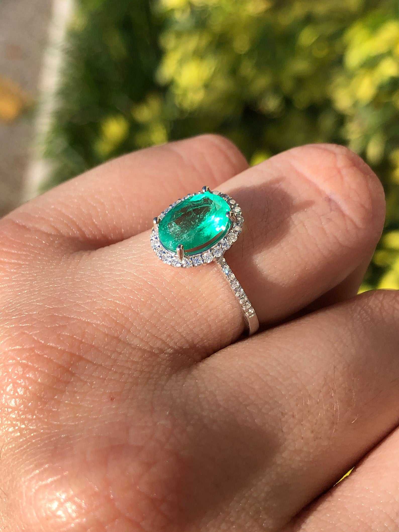 2.31tcw Natural Emerald Oval & Diamond Halo Engagement Ring 14K White Gold - Elegant Wedding Jewelry for Proposal, Anniversary & Special Occasions