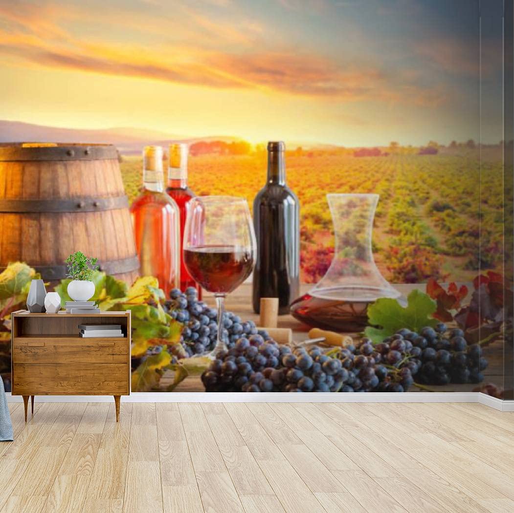 Vineyard Wallpaper Canvas Print - Self-Adhesive Peel & Stick Wall Mural with Wine Bottles, Glasses & Barrels - Home Decor for Living Room, Kitchen, Bar or Wine Cellar