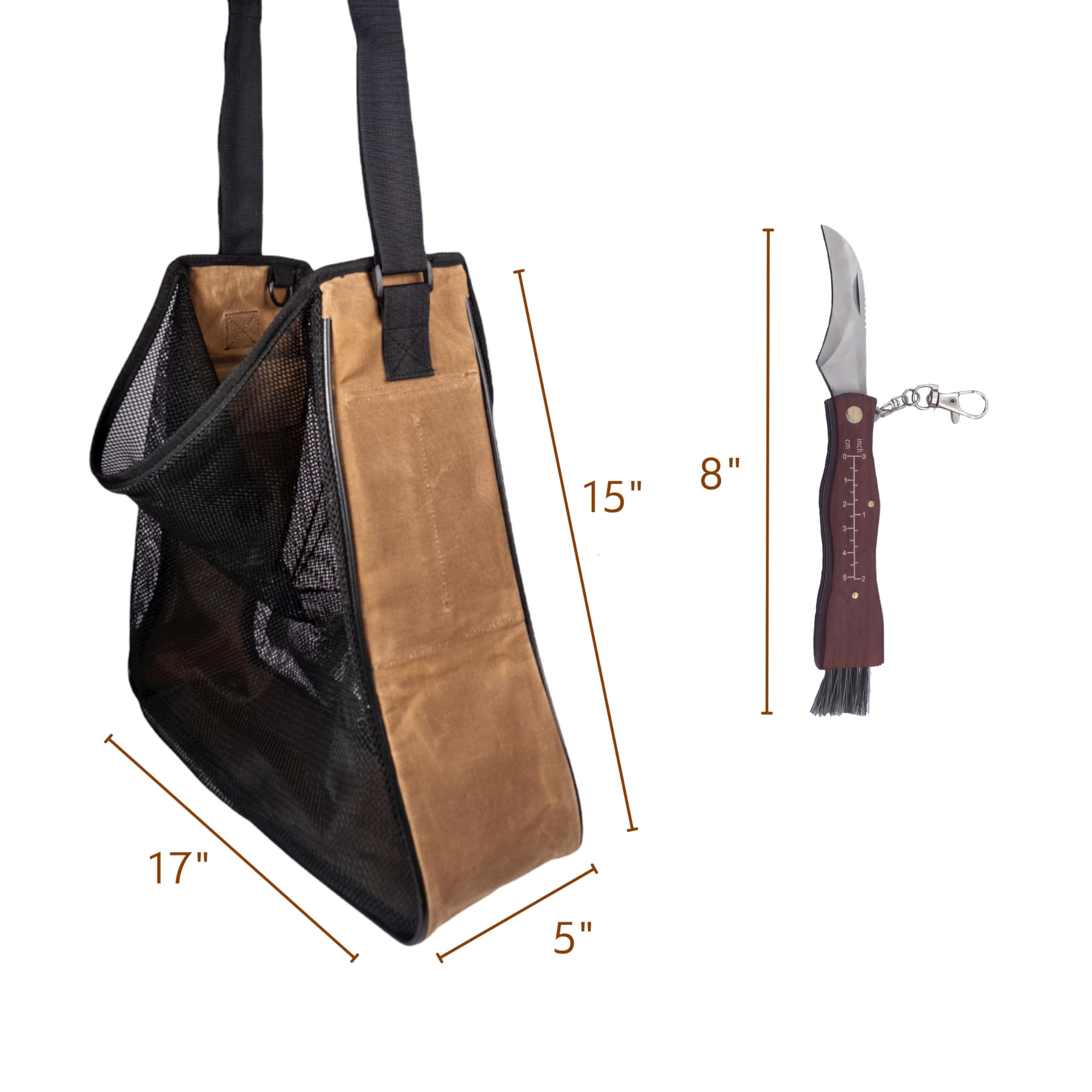 Premium Waxed Canvas & Mesh Mushroom Foraging Bag with Multiple Pockets - Durable Fruit & Vegetable Harvesting Tote - Ideal for Farmers Markets, Wildcrafting & Outdoor Adventures (Carob Brown with Redwood Knife)