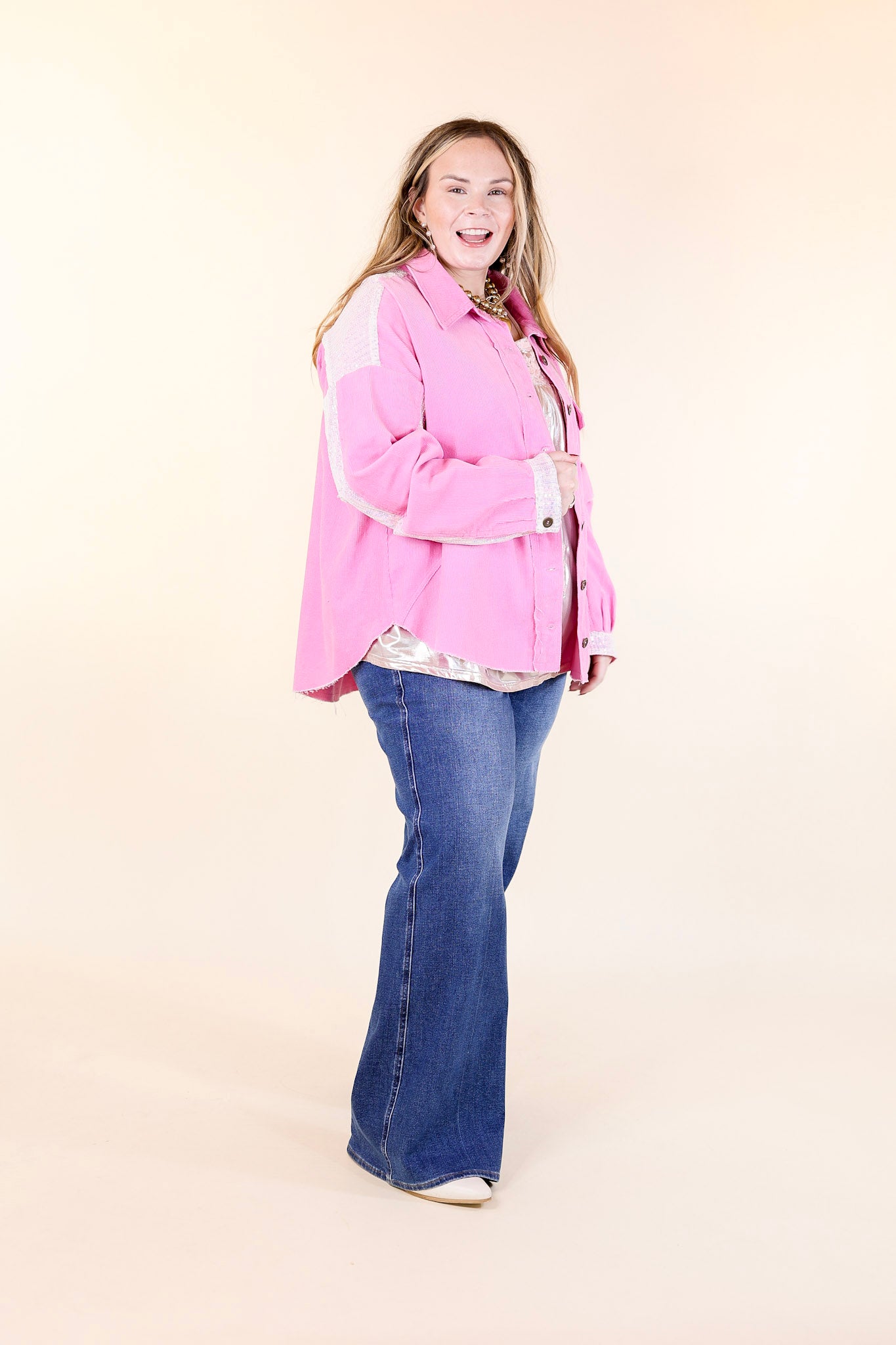 Chat With Me Sequin Detail Pink Button Up Jacket - Trendy Women's Fashion for Parties & Night Out